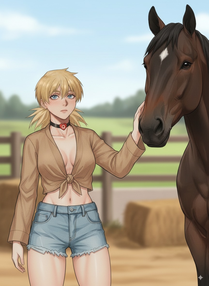 ai generated, belly button, bleached, blue eyes, choker, expressionless, farm, female, female human/male feral, feral, feral on female, hellsing, hjqjjwbeb, horse, human, human female, human on feral, implied bestiality, knot, looking at viewer, navel, no bra, queen of hearts, seras victoria, shorts, tagme, toned