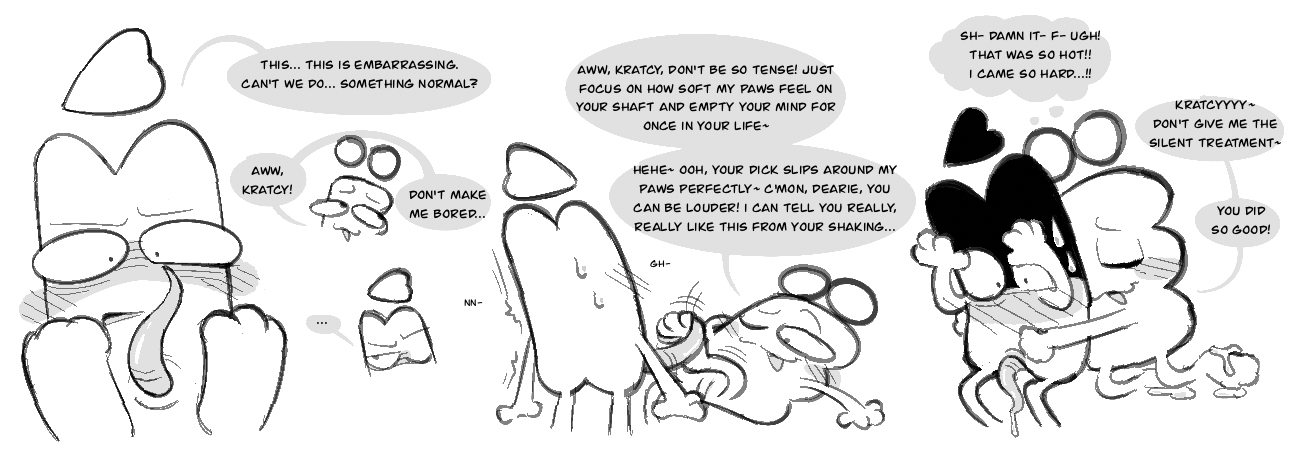 algebralian, animate inanimate, blush, bodily fluids, cfmot, clockstops3am, comic, conditional dnp, contest for a million of thousands, cum, dialogue, duo, gay sex, genital fluids, genitals, greyscale, kratcy (cfmot), labbit1337, male, monochrome, not furry, object shows, penis, tapering penis, yoshka (cfmot)