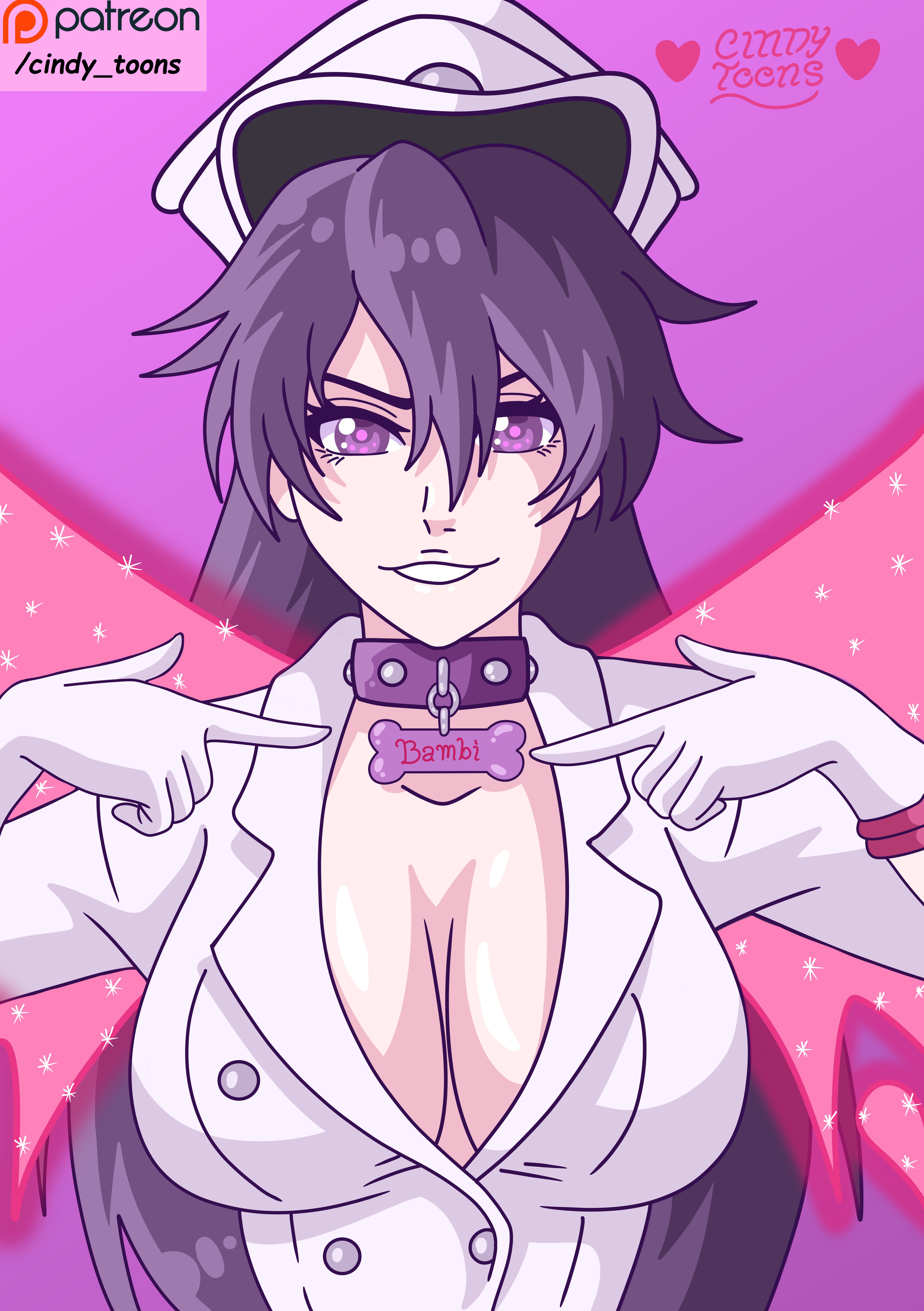 bambietta basterbine, big breasts, bleach, bleach: sennen kessen-hen, bleach: the thousand-year blood war, breasts, cindy toons, dog collar, female, gloves, long hair, pet collar, pet girl, pointing, pointing at collar, purple eyes, purple hair, quincy (bleach), quincy bitch, quincy uniform, sklaverei, smile, smiley face, smiling at viewer, smug, sternritter, sternritter hat, sternritter uniform, uniform, vollstandig, wandenreich, wandenreich uniform, white gloves, white uniform, wings