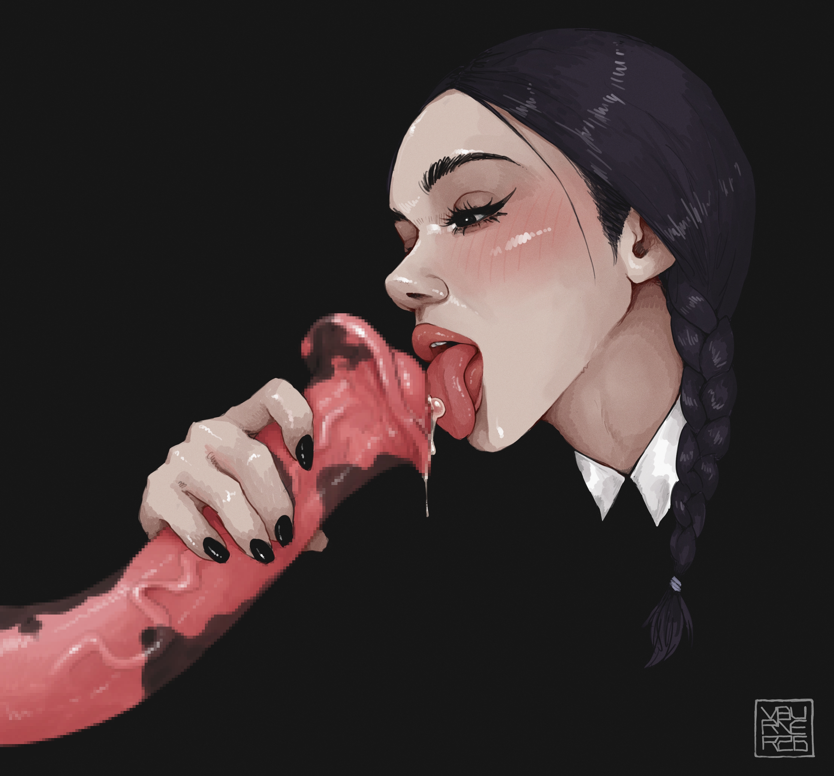 2d, animal penis, big penis, black hair, black nails, blowjob, blush, braid, braided hair, brown eyes, censored, cock worship, equine, eyeliner, fellatio, female human/male feral, female on feral, feral, feral on female, feral on human, goth, goth girl, horse, horsecock, human, human female, human on feral, interspecies, licking, licking penis, looking at penis, mascara, nail polish, oral, pale skin, pale-skinned female, precum, the addams family, tongue, tongue out, vburner, veiny penis, wednesday addams, zoophilia