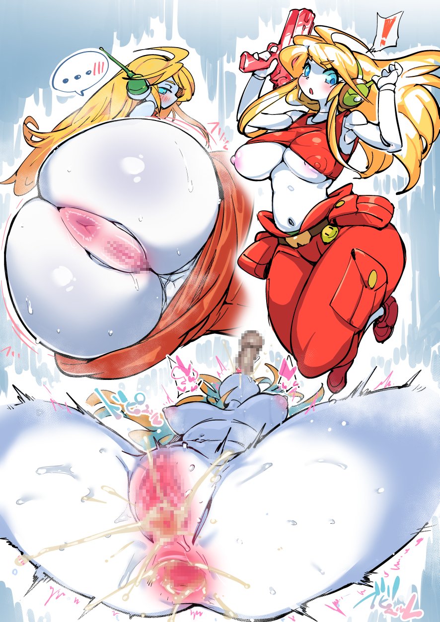 !, anus, ass, belly button, belt, blonde hair, blue eyes, blur censor, blush, breasts, breasts out, cargo pants, cave story, censor, clothed, crop top, cum, cum in ass, cum in mouth, cum in pussy, curly brace, female, gun, headphones, japanese text, nipples, oral, panties, pants, pochincoff, pussy, sex, text, twitching, wardrobe malfunction, weapon