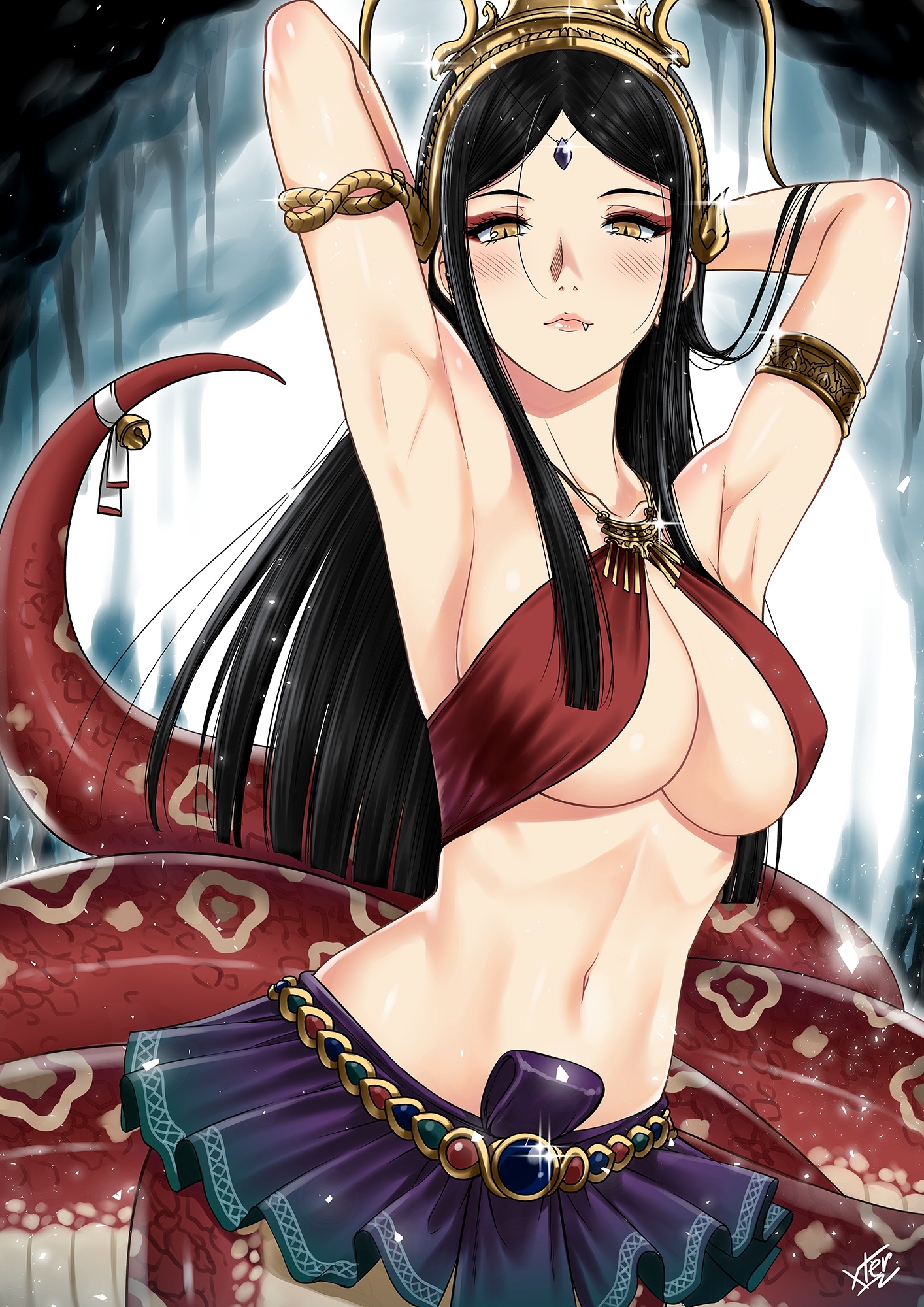 amber eyes, armpits, arms up, belly dancer, belly dancer outfit, black hair, bocas top, crown, dancer, dancer outfit, dancing, fang, female, female only, harem girl, harem outfit, lamia, long hair, naga, oerba yun fang, original, original character, snake girl, thai, thai mythology, xtermination