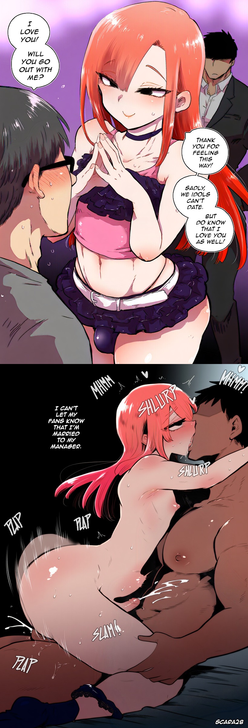 ai generated, ass, big ass, big butt, blush, bottom heavy, bulge, bulge through clothing, cum, cum in ass, cum inside, cum on body, cum while penetrated, english text, femboy, femboysub, hands-free, handsfree ejaculation, happy, happy sex, hips, idol, jealous, kissing, kissing while penetrated, kpop, long hair, male, male only, male/male, muscular, muscular male, nipples, penetration, penis, penis size difference, plap, relationship, saliva, scarabb, secret, secretly loves it, sex, short skirt, shorts, sitting, sitting on penis, size difference, skirt, small penis, tagme, text, thick thighs, tongue kiss, wide hips