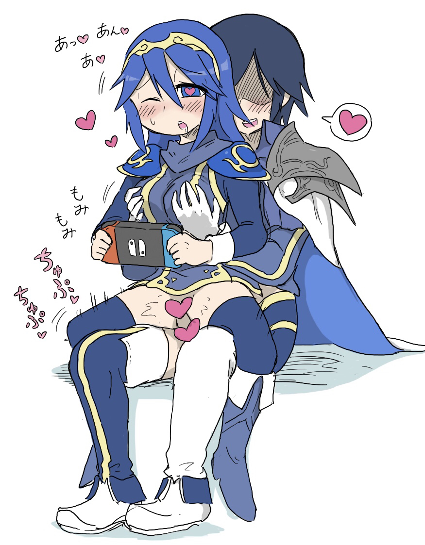 1boy, 1girls, blue eyes, blue hair, blue-haired female, censored, chrom (fire emblem), daughter, eyebrows visible through hair, faceless, faceless character, faceless male, father, father and daughter, female, fire emblem, hair between eyes, heart censor, heart-shaped pupils, incest, legwear, lucina (fire emblem), male, nintendo switch, no panties, one eye closed, open mouth, pussy, sex, simple background, skirt, thighhighs, vaginal penetration, vaginal sex, white-stew, woman