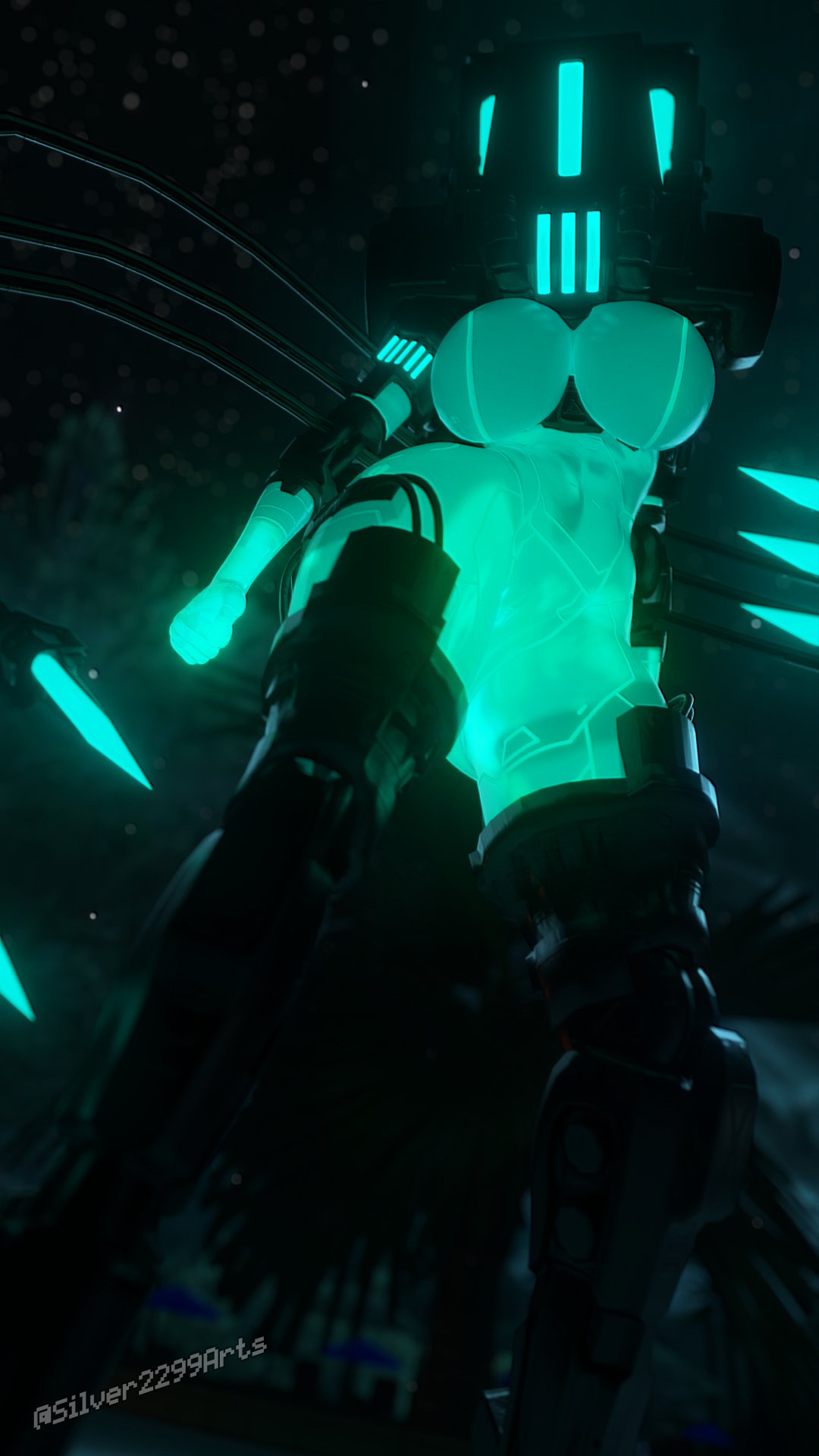 3d, barely visible pussy, big breasts, breasts, female, mechanical, mindflayer (plumpkinstem), mindflayer (ultrakill), nude, plumpkinstem, pussy, robot girl, silver2299, solo, teal body, thick thighs, translucent body, ultrakill, viewed from below