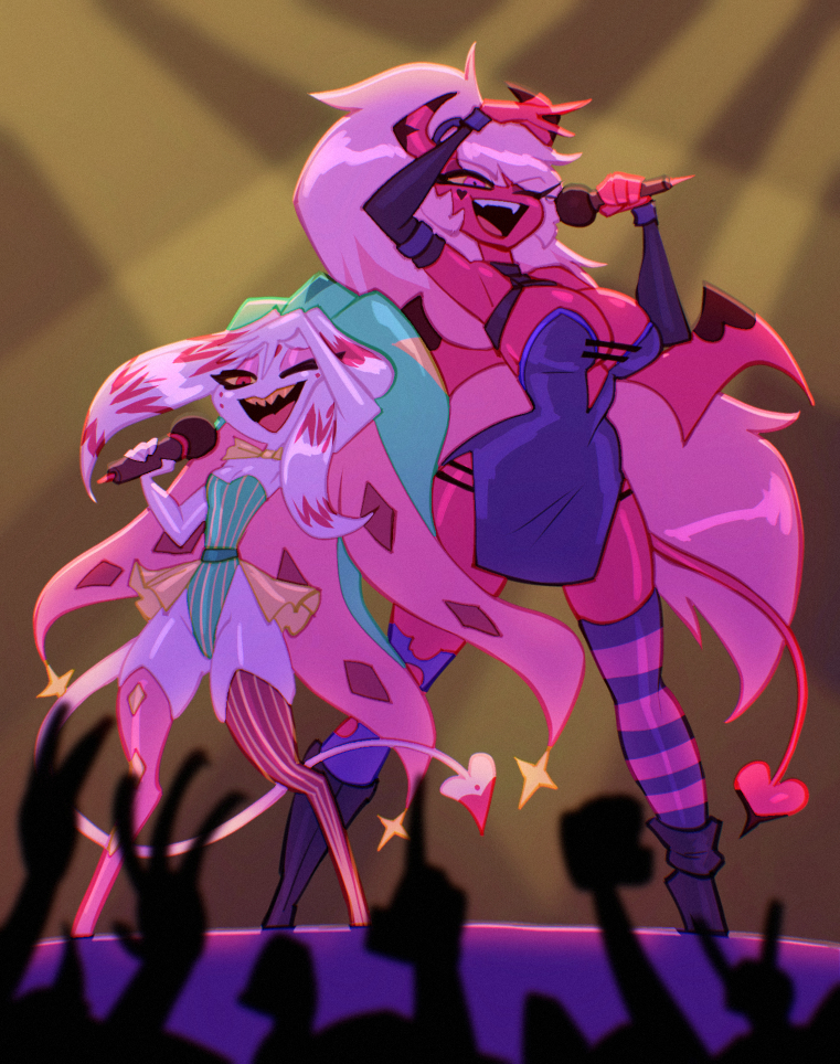 2girls, bare shoulders, bare thighs, big breasts, bigdad, breasts, clothed, clothing, color, concert, demon, demon girl, female, female focus, female only, helluva boss, hi res, large breasts, long hair, original, original character, pink body, pink eyes, pink hair, pink skin, sharp teeth, singing, stockings, succubus, succubus horns, succubus tail, succubus wings, tagme, thick thighs, verosika mayday (helluva boss), very long hair