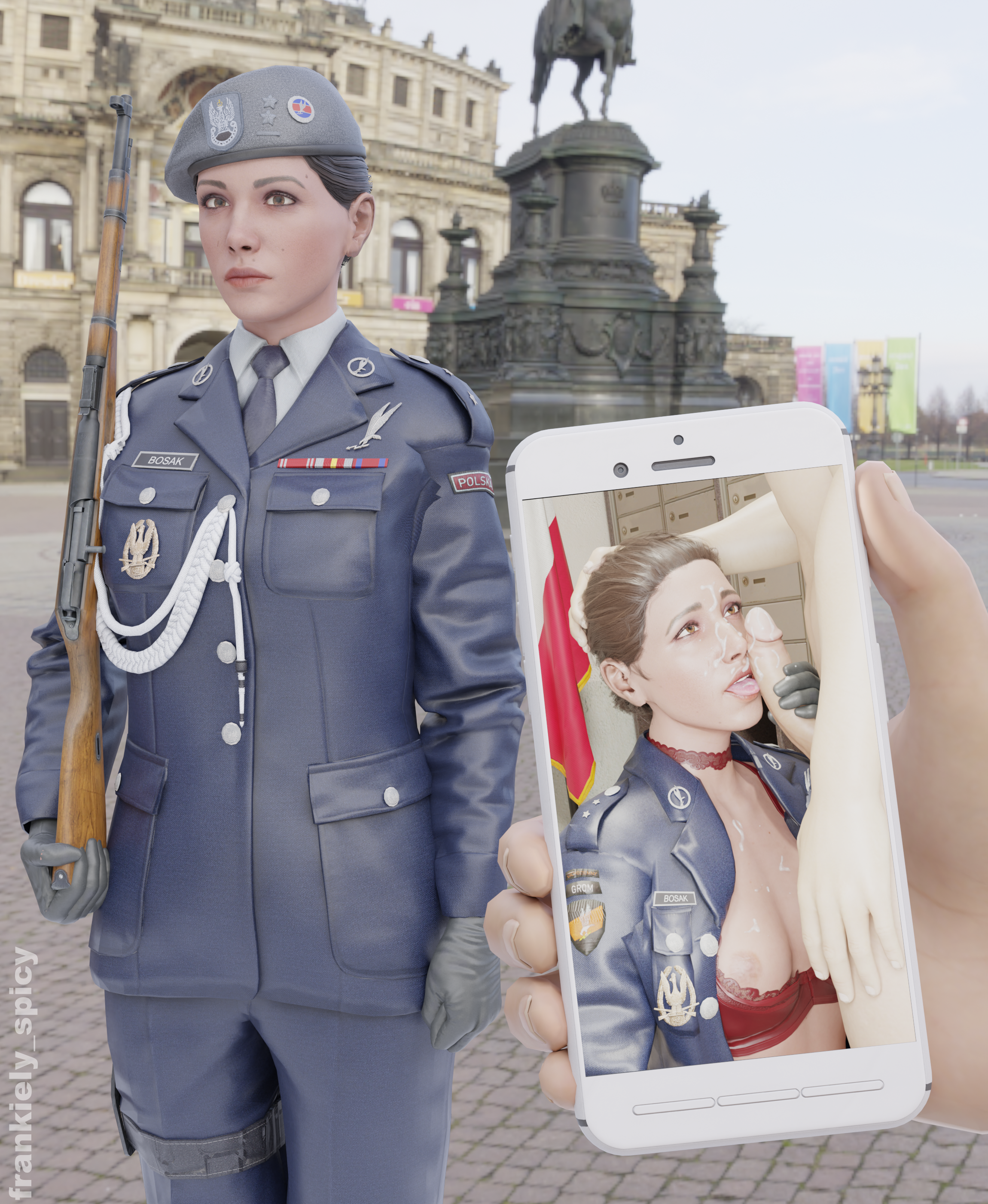 1boy, 1girls, 3d, beret, blender, breasts, breasts out, brown eyes, brown hair, clothed, cum, cum in mouth, cum on body, cum on breasts, cum on face, cumshot, european, european female, female, female focus, female soldier, frankiely spicy, handjob, juxtaposition, leather gloves, licking, licking cum, licking penis, light skin, light-skinned female, light-skinned male, looking at viewer, looking back, looking pleasured, male, military, military hat, military uniform, naked, naked female, naked male, nipples, nude, nude female, nude male, penis, penis on face, photo comparison, polish female, rainbow six, rainbow six siege, slavic, slavic girl, straight, stroking, stroking cock, stroking penis, tied hair, uniform, unprofessional behavior, zofia (rainbow six), zofia bosak