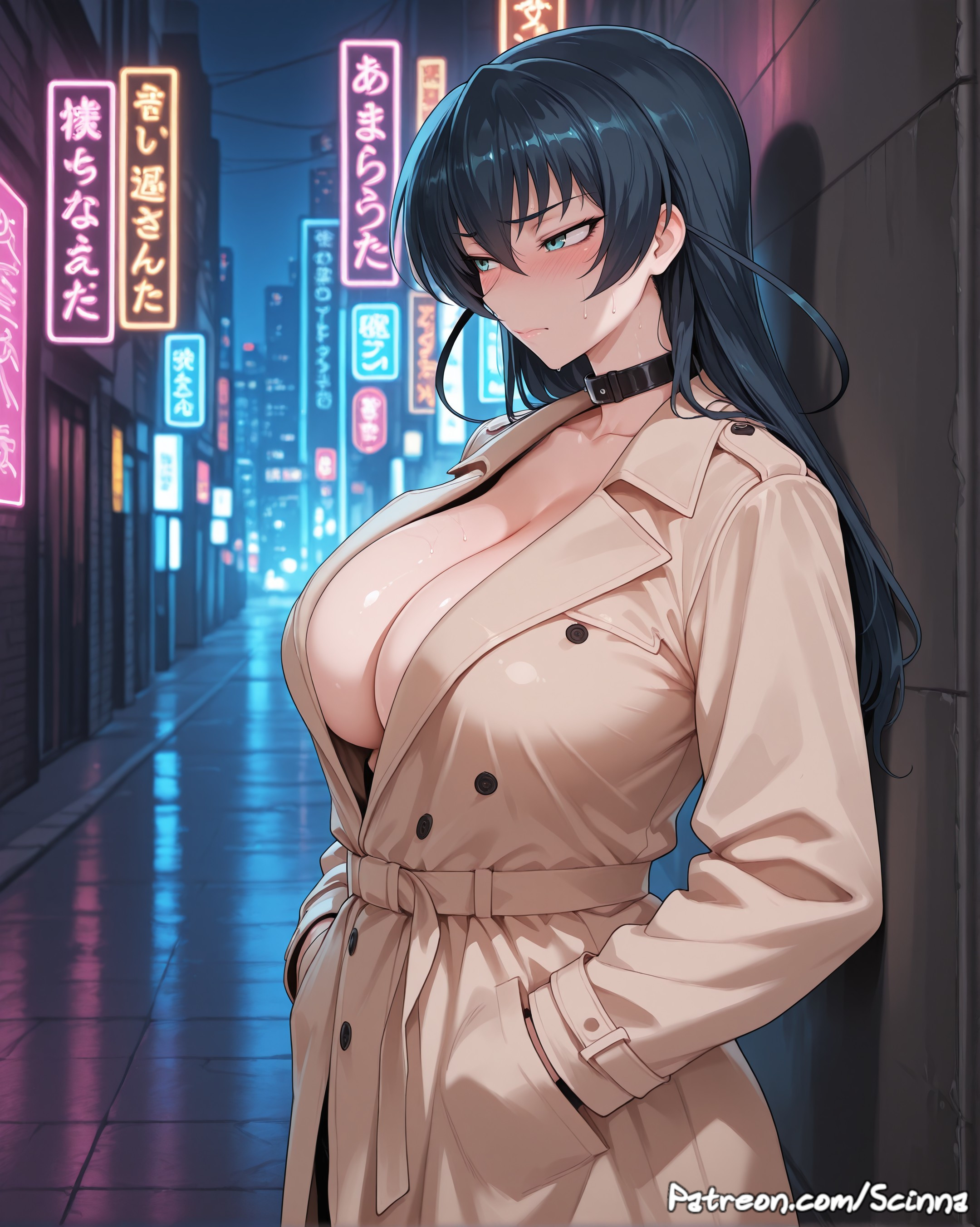 ai generated, big breasts, blue hair, breasts, curvy, female, green eyes, hands in pockets, huge ass, igawa asagi, large breasts, long hair, plump, scinna, solo, stable diffusion, taimanin asagi, thick thighs, trenchcoat, wide hips