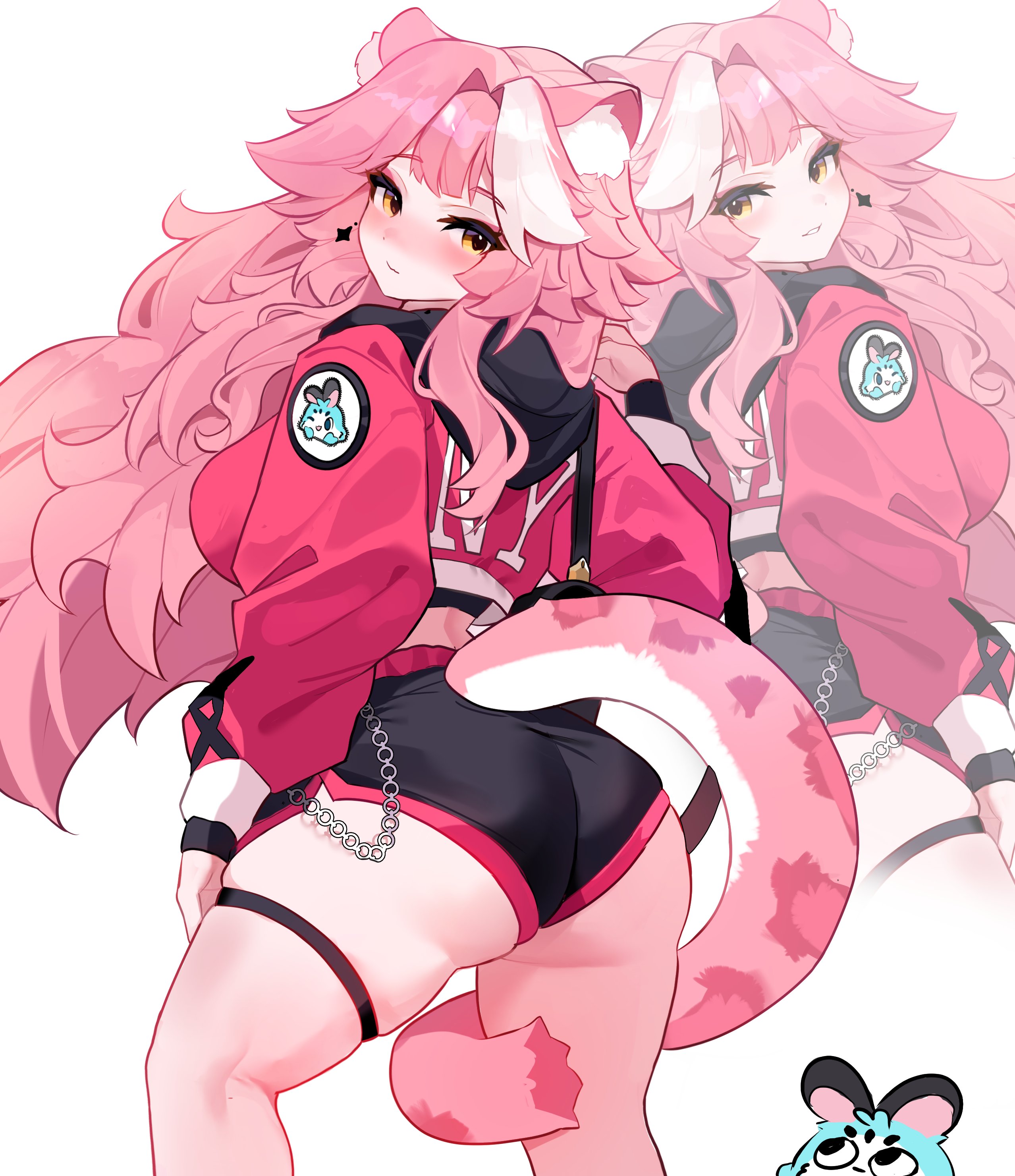 ass focus, breasts, female, from behind, hololive, hololive english, hololive english -justice-, large ass, large breasts, looking back, nose blush, one arm up, raora panthera, seductive, seductive look, seductive pose, sideboob, virtual youtuber, zoom layer