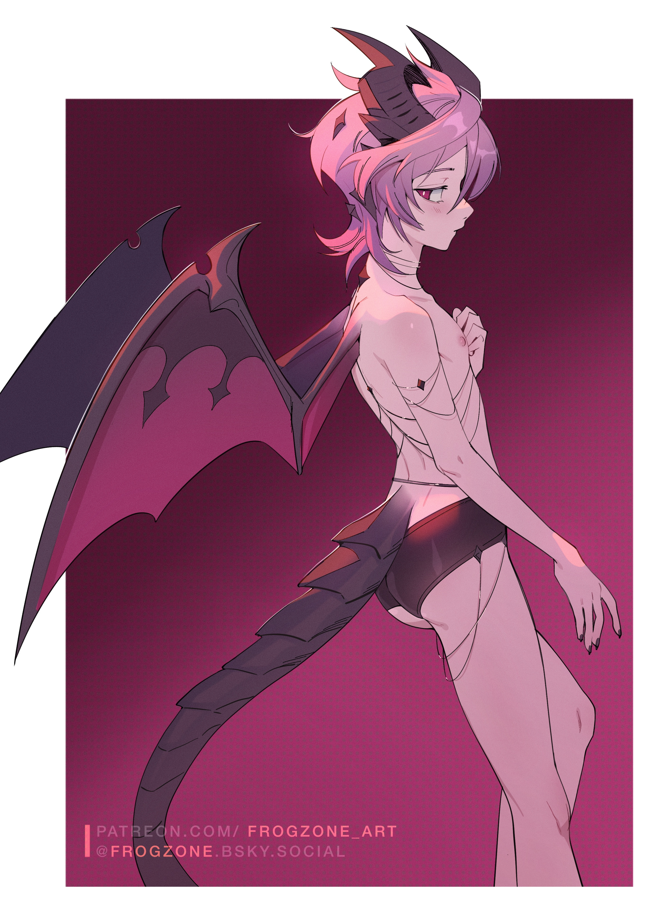 1boy, 2d, 2d (artwork), completely nude, dragon horns, dragon wings, durin (genshin impact), fanart, femboy, frogzone art, genshin impact, male, male only, nude, nude male, pale skin, pale-skinned male, penis, pink hair, purple hair, short hair, small penis, twink, wings