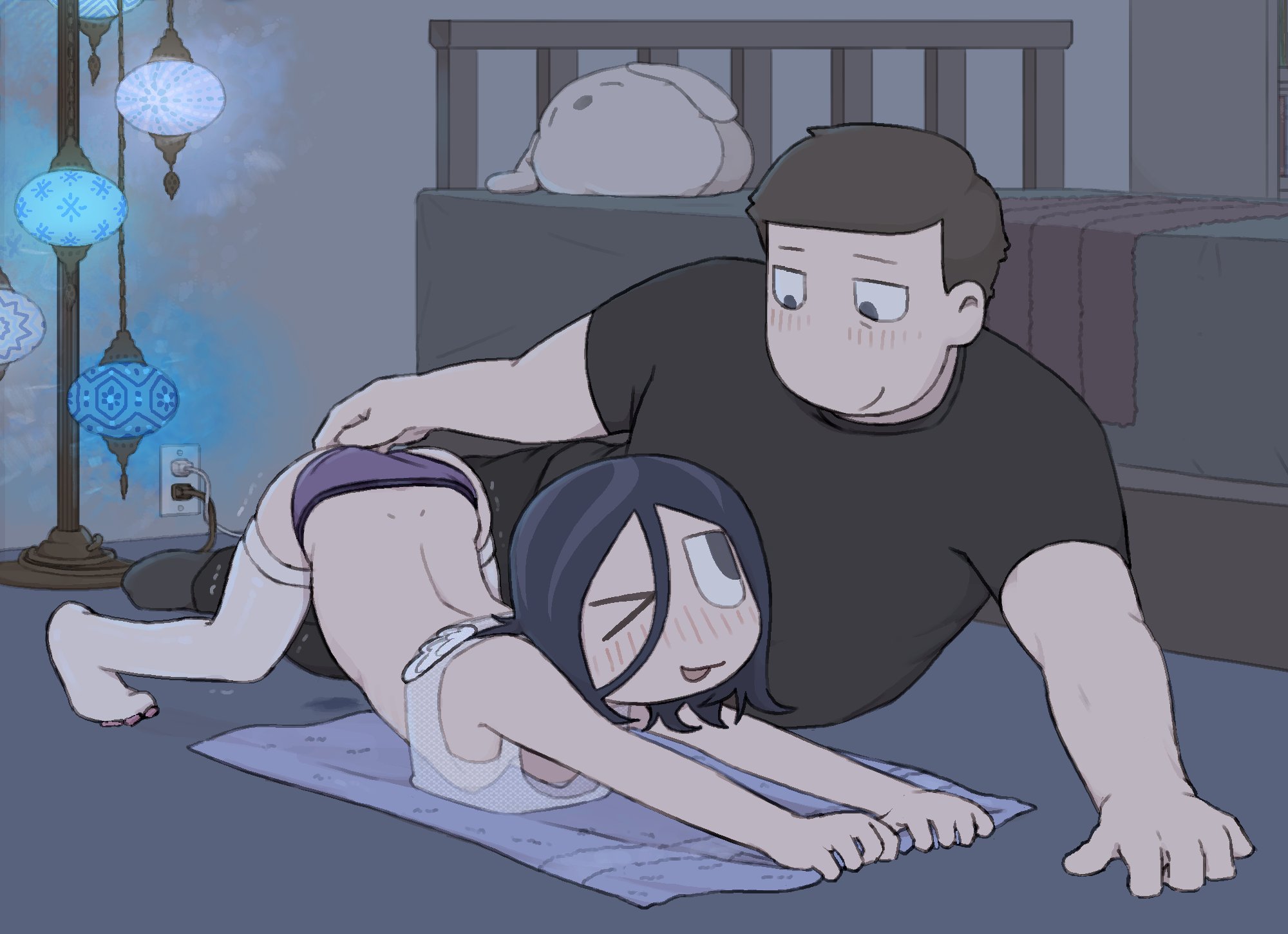 1boy, ambiguous gender, angel martinez, arched back, ass, ass up, bigger male, blue hair, blush, blush lines, breasts, brown hair, clinical trial (game), clothed, fingering, homunculus100, lee smith, legwear, looking at another, looking at partner, looking down, medium hair, nipples, no bra, on floor, panties, pink nipples, purple hair, purple panties, see-through, see-through clothing, short hair, size difference, small breasts, thick thighs, trembling, white legwear