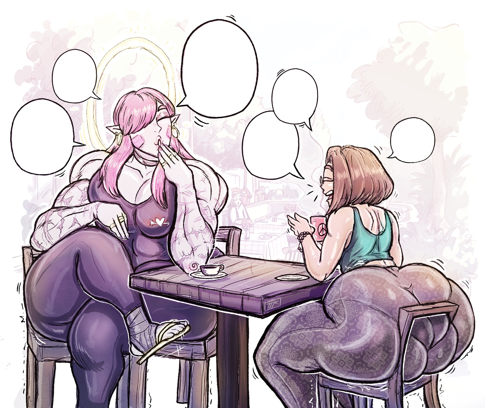 2boys, 2femboys, angel, ass bigger than head, august roberts (blackwhiplash), big ass, big ass (male), big butt, blackwhiplashverse, bob cut, brown hair, chatting, dilf, empty speech bubble, femboy, femboy dilf, femboy only, gigantic ass, gigantic butt, halo, huge ass, huge butt, icarus (kojoarts), kojoarts, leggings, legs crossed, male, male only, original, original characters, pink hair, sandals, tank top, tights