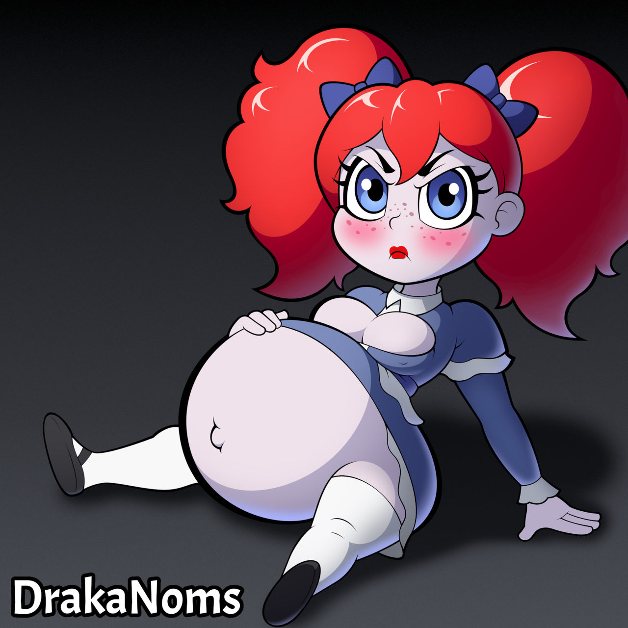 angry at viewer, angry expression, blue eyes, doll, drakanoms, female, freckles on face, looking at viewer, pale skin, pale-skinned female, poppy (poppy playtime), poppy playtime, pregnancy, pregnant, pregnant belly, pregnant female, red hair, red lips, shortstack, shortstack female