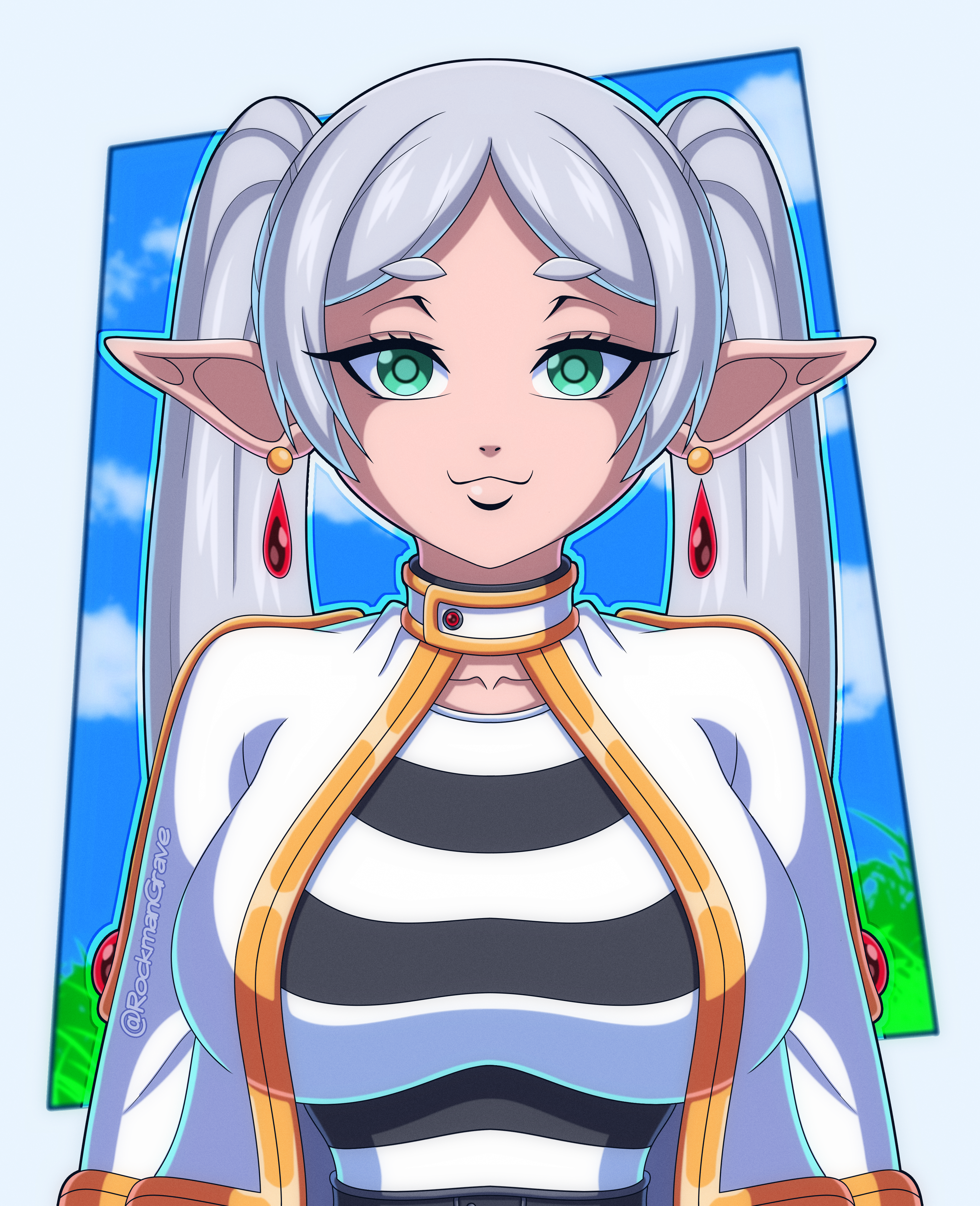 1girls, 2026, 2d, 2d (artwork), 2d artwork, big breasts, breasts, coat, earrings, elf, elf ears, eyelashes, female, frieren, frieren beyond journey's end, green eyes, hi res, high quality, high resolution, highres, huge breasts, jewelry, long hair, rockmangrave, silver hair