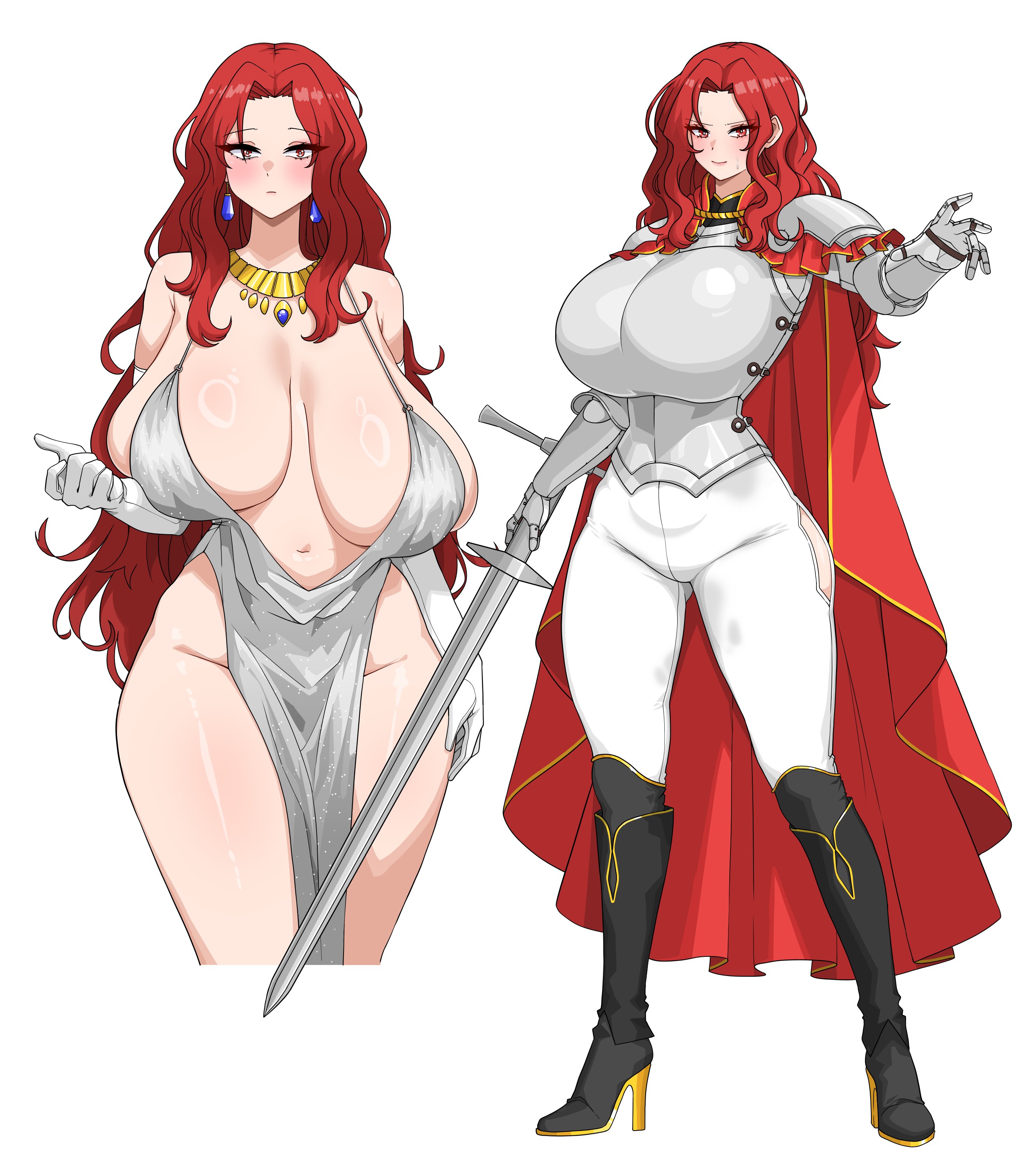 absurdres, aiguillette, amx1375, armor, bare shoulders, black boots, boots, breastplate, breasts, cape, closed mouth, clothing cutout, cocktail dress, commentary, cropped legs, cuirass, curtained hair, dress, earrings, elbow gloves, english commentary, female, full body, gauntlets, gloves, gold necklace, gold trim, grey dress, hand up, high heel boots, high heels, highleg, highleg dress, highres, hip cleavage, hip vent, holding, holding sword, holding weapon, huge breasts, jewelry, knee boots, knight, korean commentary, long hair, mixed-language commentary, multiple views, navel, necklace, no bra, original, pants, parted bangs, pauldrons, pelvic curtain, red cape, red eyes, red hair, ring light reflection, sagging breasts, shoulder armor, side slit, simple background, standing, sword, vambraces, wavy hair, weapon, white background, white gloves, white pants
