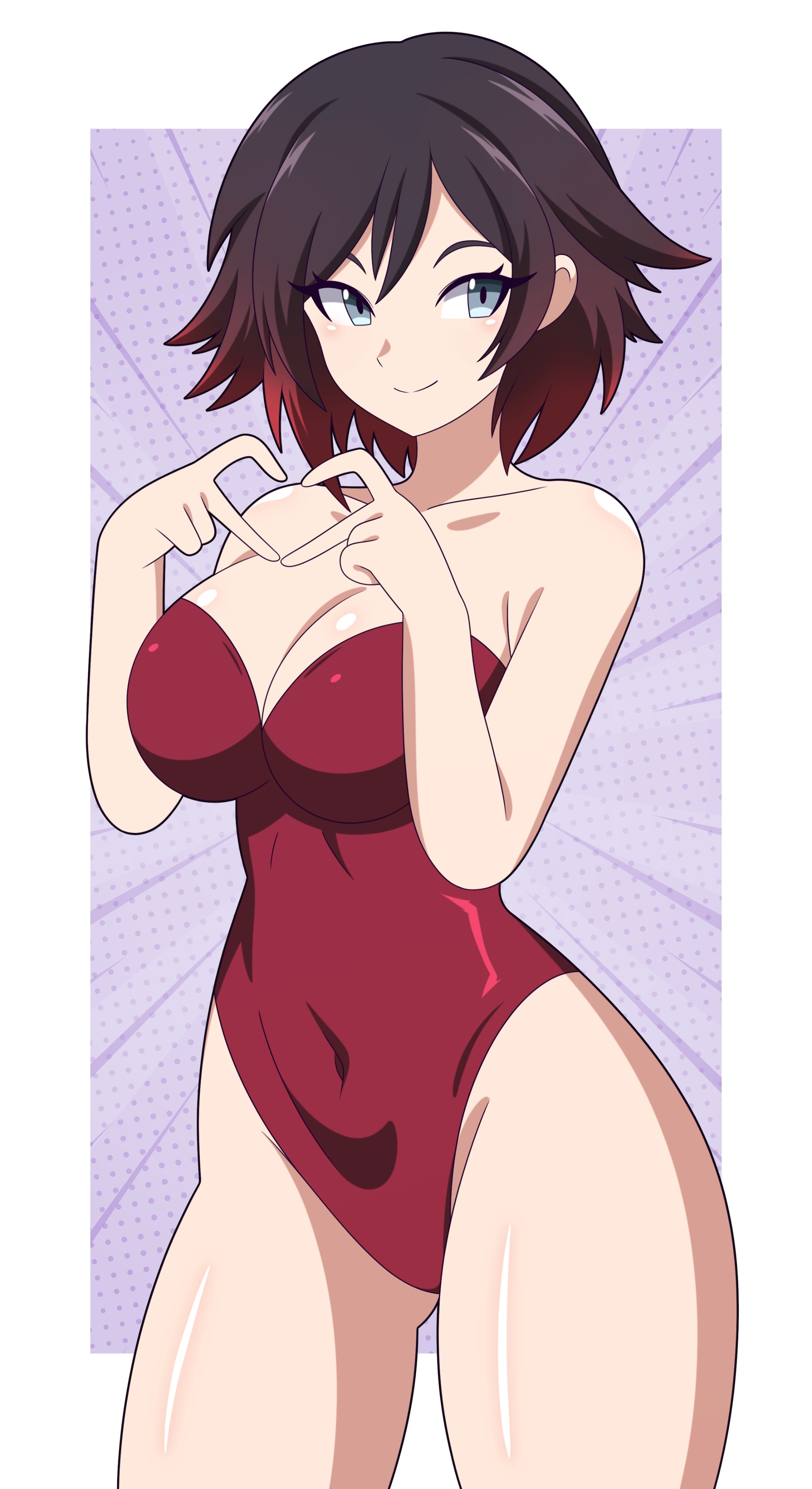 1girls, abyssp3, breasts, cleavage, female, female only, finger heart, large breasts, red hair, ruby rose, rwby, silver eyes, swimsuit, teenage female, teenager, two-tone hair, voluptuous, voluptuous female