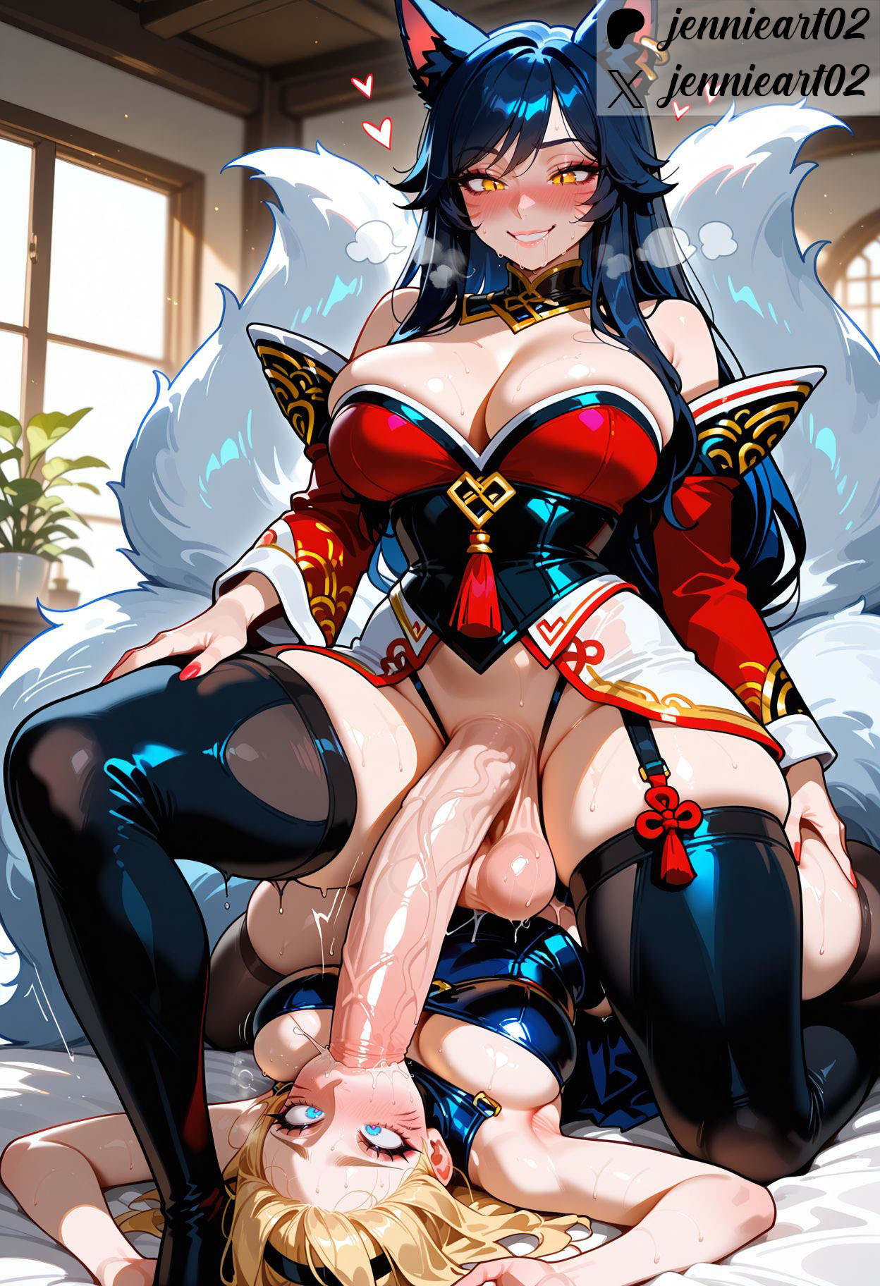 ahri, ai generated, blowjob, blush, breasts, dominant, erection, fellatio, female, futa on female, futa on top, futanari, intersex, jennieart02, league of legends, long penis, luxanna crownguard, lying on back, penis, sex, suffocating, testicles, uncensored