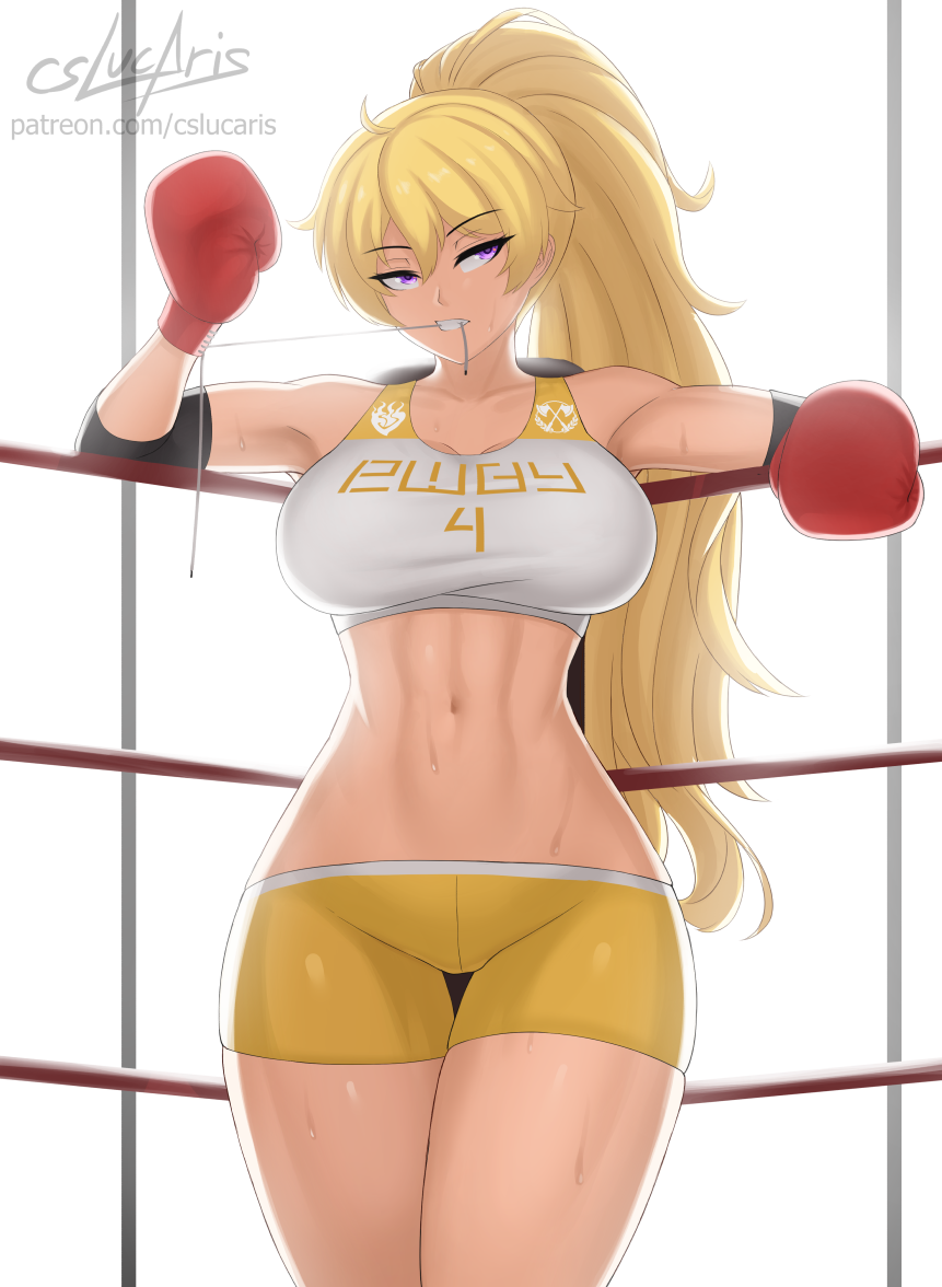 1girls, blonde female, blonde hair, boxing gloves, boxing ring, clothed female, cslucaris, female, gym clothes, gym shorts, gym uniform, long hair, long-haired female, ponytail, purple eyes, rwby, solo female, sweaty body, yang xiao long