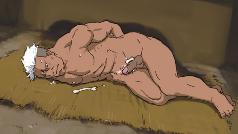 1boy abs barefoot color cum fullmetal_alchemist hair hands_behind_back human indoors lying male male_only muscles nude on_side penis scar_(fma) short_hair solo tan_skin white_hair