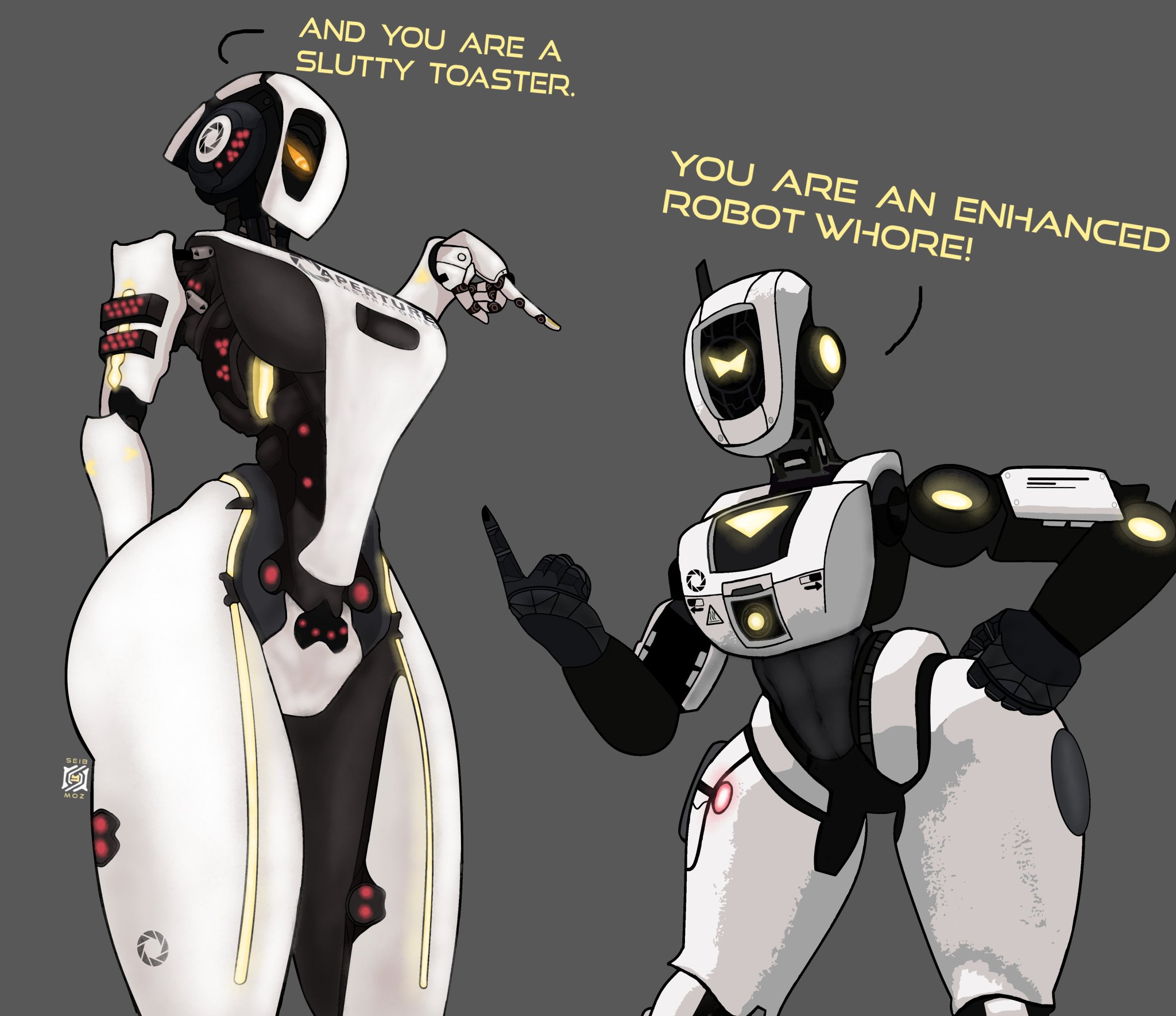 2girls, dialogue, female, funny, glados, glados (humanoid), glados (thiccythings), insult, portal (series), robot, sideboob