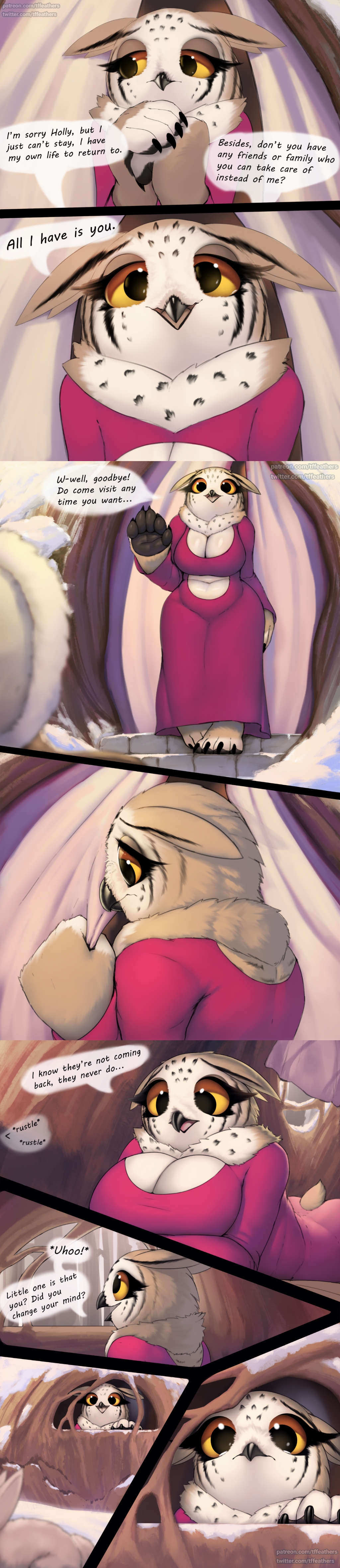comic, comic page, dungeons and dragons, female, holly (thousandfoldfeathers), owl, owl girl, text, text bubble, thousandfoldfeathers