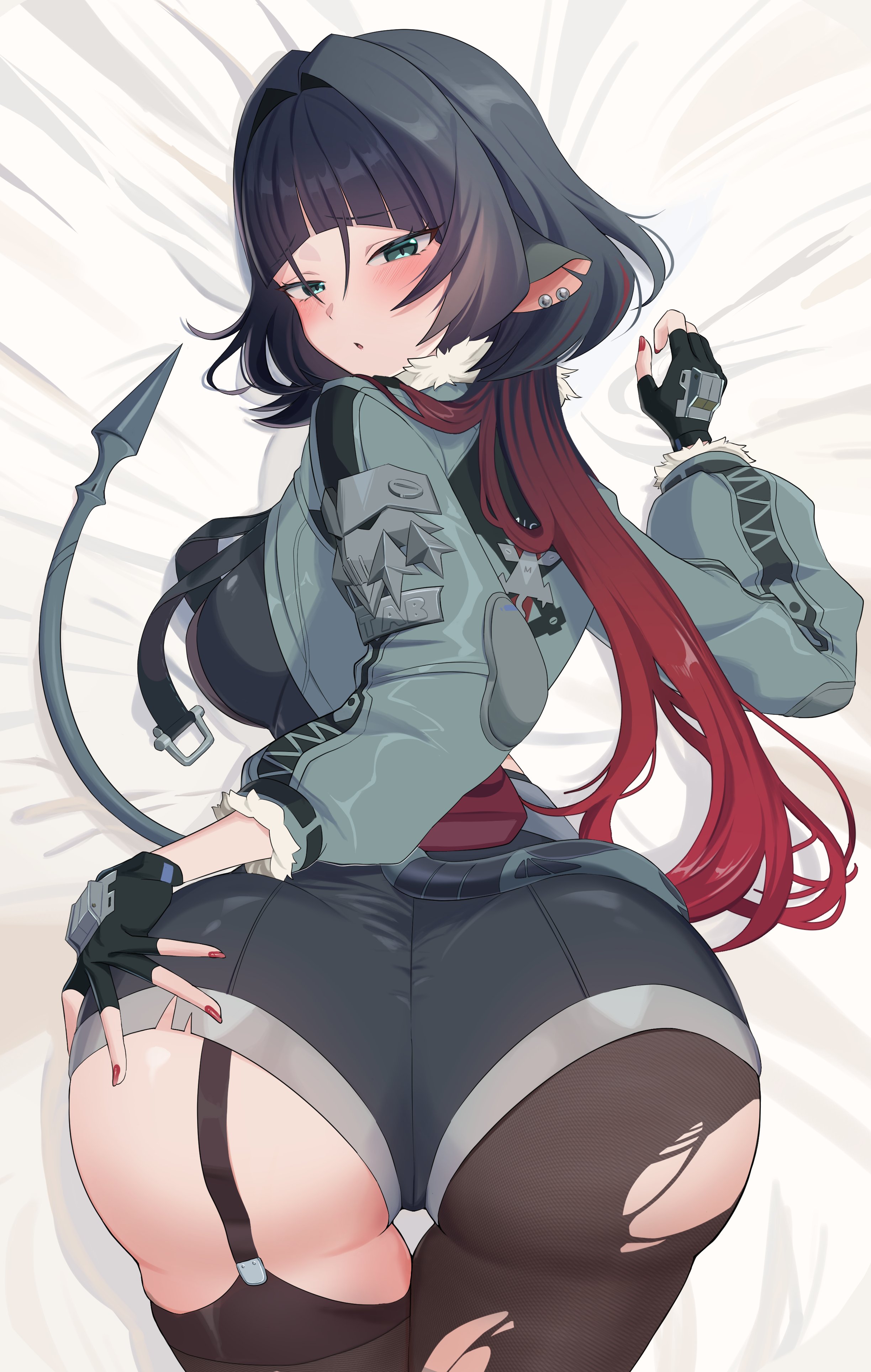 absurdres, animal ears, ass, asymmetrical legwear, big ass, black gloves, black hair, breasts, dakimakura (medium), female, female only, fingerless gloves, from behind, garter straps, gloves, gradient hair, green eyes, grey jacket, highres, jacket, jane doe (zenless zone zero), looking back, multicolored hair, pantyhose, red hair, red nails, ruaruayana, single leg pantyhose, single thighhigh, solo, thighhighs, torn clothes, torn pantyhose, zenless zone zero
