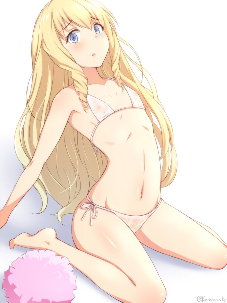 1girls, amagi brilliant park, ankles, areolae, bare armpits, bare belly, bare calves, bare chest, bare hands, bare hips, bare knees, bare legs, bare midriff, bare navel, bare shoulders, bare soles, bare thighs, barefoot, belly, belly button, bikini, bikini bottom, bikini only, bikini top, blonde eyebrows, blonde female, blonde hair, blonde-haired female, blue eyes, blue-eyed female, breasts, calves, collarbone, digital, digital art, digital drawing, digital drawing (artwork), digital media, digital media (artwork), elbows, exposed armpits, exposed arms, exposed belly, exposed chest, exposed hips, exposed legs, exposed midriff, exposed navel, exposed shoulders, exposed skin, exposed thighs, exposed toes, eyebrows visible through hair, feet, female, female focus, female only, flat breasts, flat chest, flat chested, full body, groin, hair between eyes, halterneck, head tilt, high resolution, highres, kanden sky, knees, latifa fleuranza, lean figure, legs, legs folded, linea alba, long hair, looking at viewer, midriff, narrow waist, navel, nervous, nervous expression, nervous face, nervous female, nipples, petite, petite body, petite breasts, petite female, petite tits, ribs, seiza, shoulders, shy, shy expression, side-tie bikini, simple background, sitting, sitting on floor, sitting on ground, sitting on knees, skinny, skinny female, skinny waist, slender body, slender waist, slim waist, small breasts, smooth chest, soles, solo, stomach, string bikini, swimsuit, swimwear, thighs, tilted head, toes, uncensored, uncensored breasts, uncensored nipples, wariza, white background, white bikini, white bikini bottom, white bikini top, white string bikini, white swimsuit, white swimwear