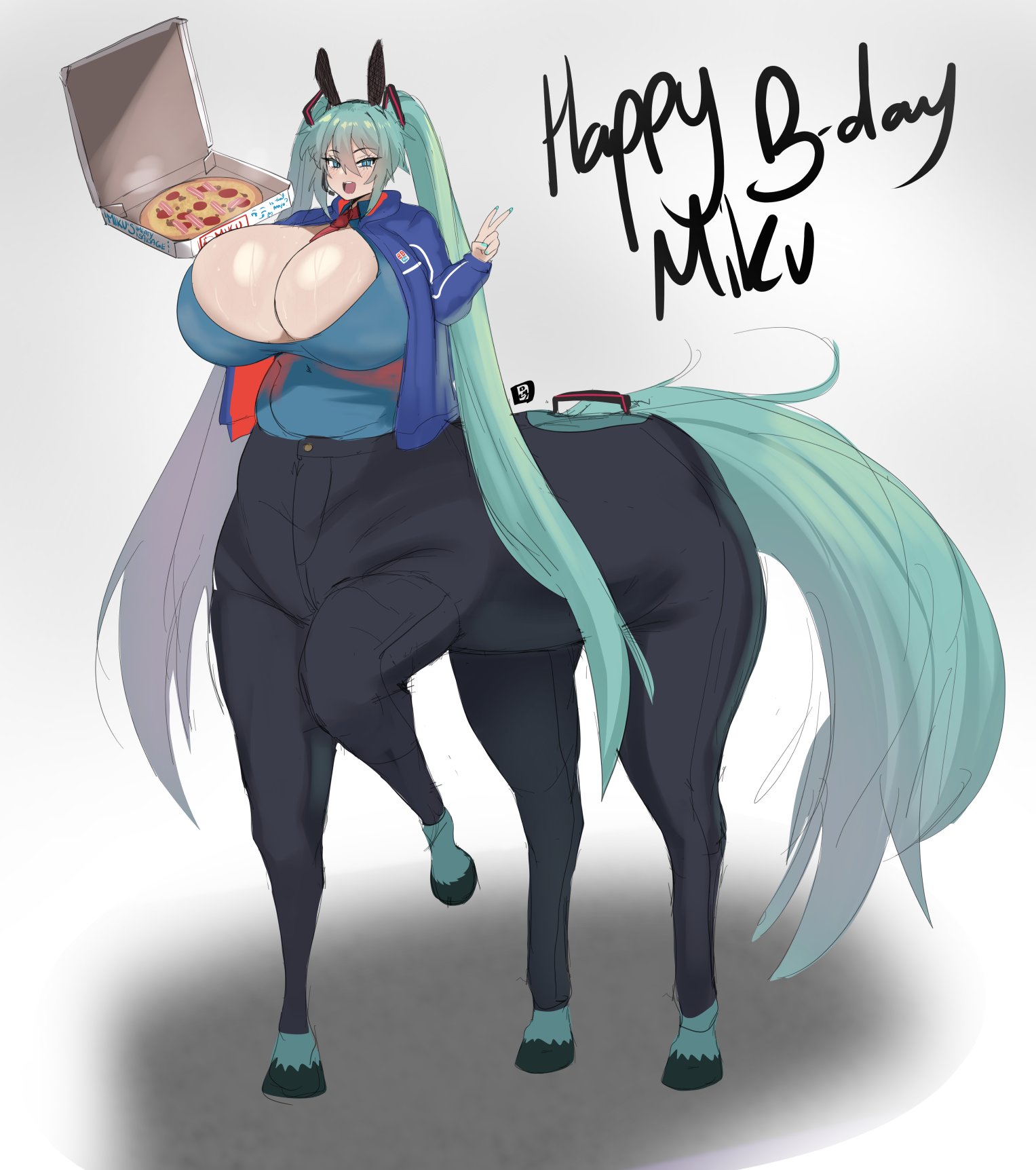 1girl, 1girls, 2025, 2d, 2d (artwork), 2d artwork, absurd res, absurdres, animal ears, animal genitalia, animal humanoid, animal tail, aqua eyes, aqua hair, belly, belly button, belly button visible through clothing, birthday, blue hair, breasts, breasts bigger than head, bursting breasts, centaur, centauress, cleavage, cleavage overflowt, clothed, clothed female, clothing, delivery employee, domino's pizza, ejaculation, english, english text, equid, equine, fake animal ears, female, female only, food, full body, gaikiken, gigantic breasts, green hair, hatsune miku, hi res, highres, horse, horse ears, horse girl, horse tail, huge breasts, jacket, licking, licking lips, light skin, long hair, looking at viewer, monster girl, navel, navel visible through clothes, necktie, necktie between breasts, open clothes, open mouth, overflowing breasts, pants, pizza, red necktie, shirt, smile, solo, solo female, sweatdrop, sweating, sweaty, sweaty body, sweaty breasts, tail, taur, teal hair, text, tied hair, tongue, tongue out, twintails, v, very long hair, vocaloid