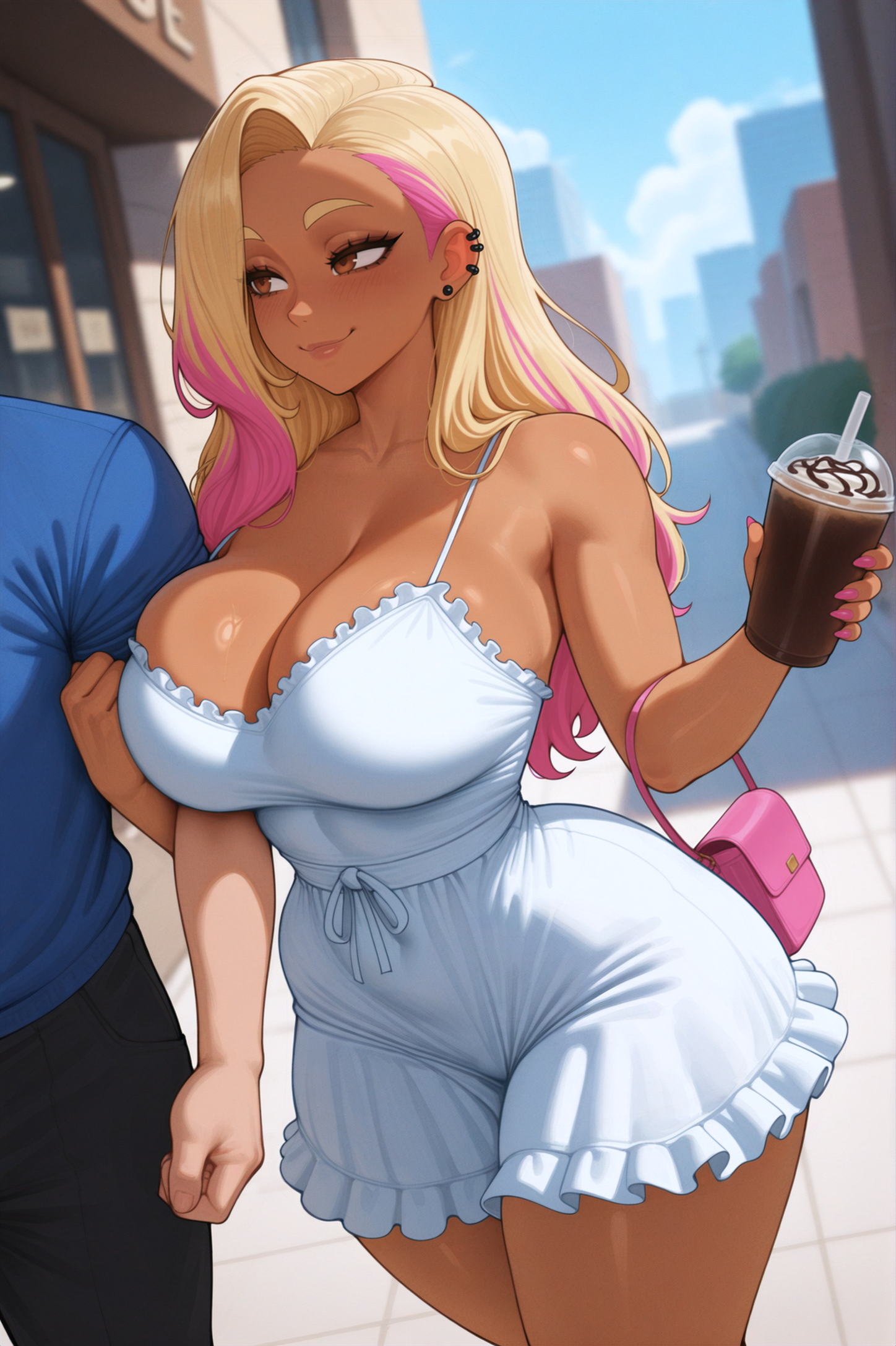 1boy, 1boy1girl, 1girls, ai generated, big breasts, blonde hair, blush, boobs, breasts, brown eyes, cleavage, dark skin, dark-skinned female, date, dress, drink, ear piercing, female, hi res, highlights (coloring), highres, huge breasts, large breasts, long hair, male, multicolored hair, nail polish, original, original character, piercing, pink hair, pink nails, rio (stuffyai), smiling, stuffyai, thick thighs, thighs, white dress