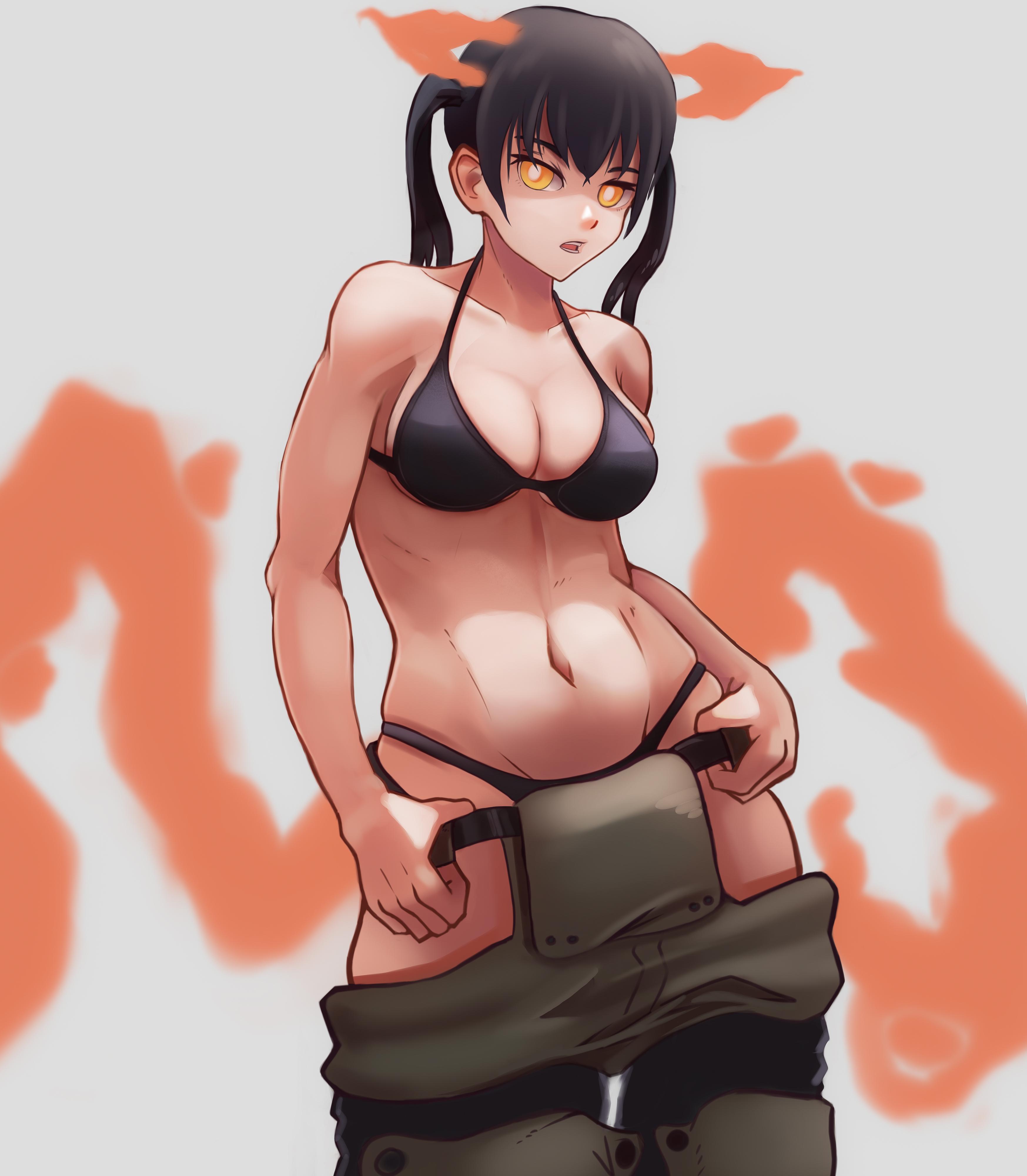1girls, abs, bare arms, bare belly, bare breasts, bare chest, bare hands, bare hips, bare midriff, bare navel, bare nipples, bare shoulders, bare skin, bare tits, bare torso, belly, belly button, bikini, bikini bottom, bikini top, black bikini, black bikini bottom, black bikini top, black hair, black string bikini, black swimsuit, black swimwear, black-haired female, breasts, busty, busty female, busty teenager, cleavage, collarbone, curvaceous teenager, curvy, curvy body, curvy female, curvy figure, curvy hips, digital, digital art, digital drawing, digital drawing (artwork), digital media, digital media (artwork), enen no shouboutai, exposed arms, exposed belly, exposed breasts, exposed chest, exposed hips, exposed midriff, exposed navel, exposed nipples, exposed shoulders, exposed skin, exposed tits, exposed torso, female, female focus, female only, fingers, fire, fire force, firefighter, flames, greencash, groin, hair between eyes, halterneck, head tilt, high resolution, highres, hourglass figure, kotatsu tamaki, large breasts, lean figure, long hair, looking at viewer, midriff, muscular, muscular female, narrow waist, navel, open mouth, orange eyes, orange-eyed female, parted lips, shoulders, simple background, skindentation, slender body, slender waist, slim waist, soldier, solo, standing, stomach, string bikini, swimsuit, swimwear, teenage female, teenager, thighs, tilted head, tongue, twintails, twintails (hairstyle), upper body, upper teeth, white background, white pupils, wide hips, young female, young woman