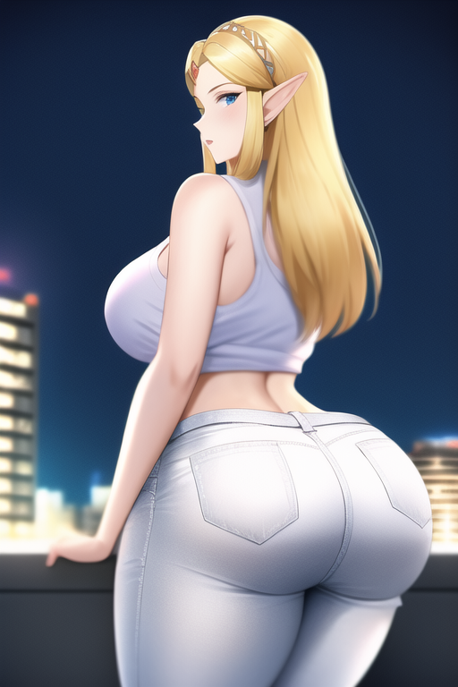 ai_generated ass_focus bimbo blonde_hair blue_eyes curvy curvy_figure gigantic_ass high_waisted_pants huge_ass huge_breasts long_hair looking_at_viewer nai_diffusion princess_zelda red_lipstick round_ass shiny_clothes shiny_hair shiny_skin stable_diffusion the_legend_of_zelda voluptuous white_pants white_tank_top