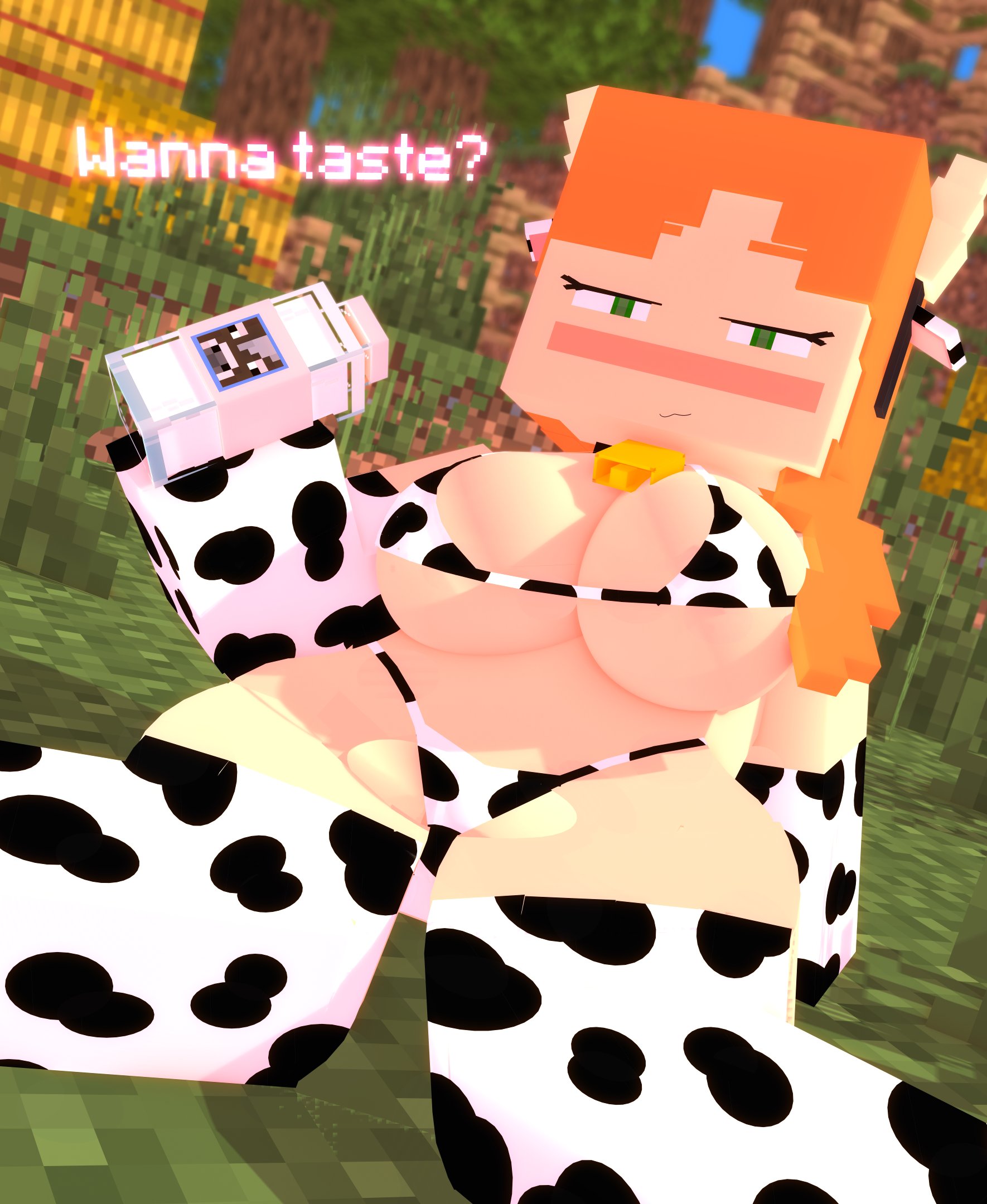 1girl, 3d, alex (minecraft), cow print, cow print bikini, cow print thighhighs, female focus, female only, milk, mine-imator, minecraft