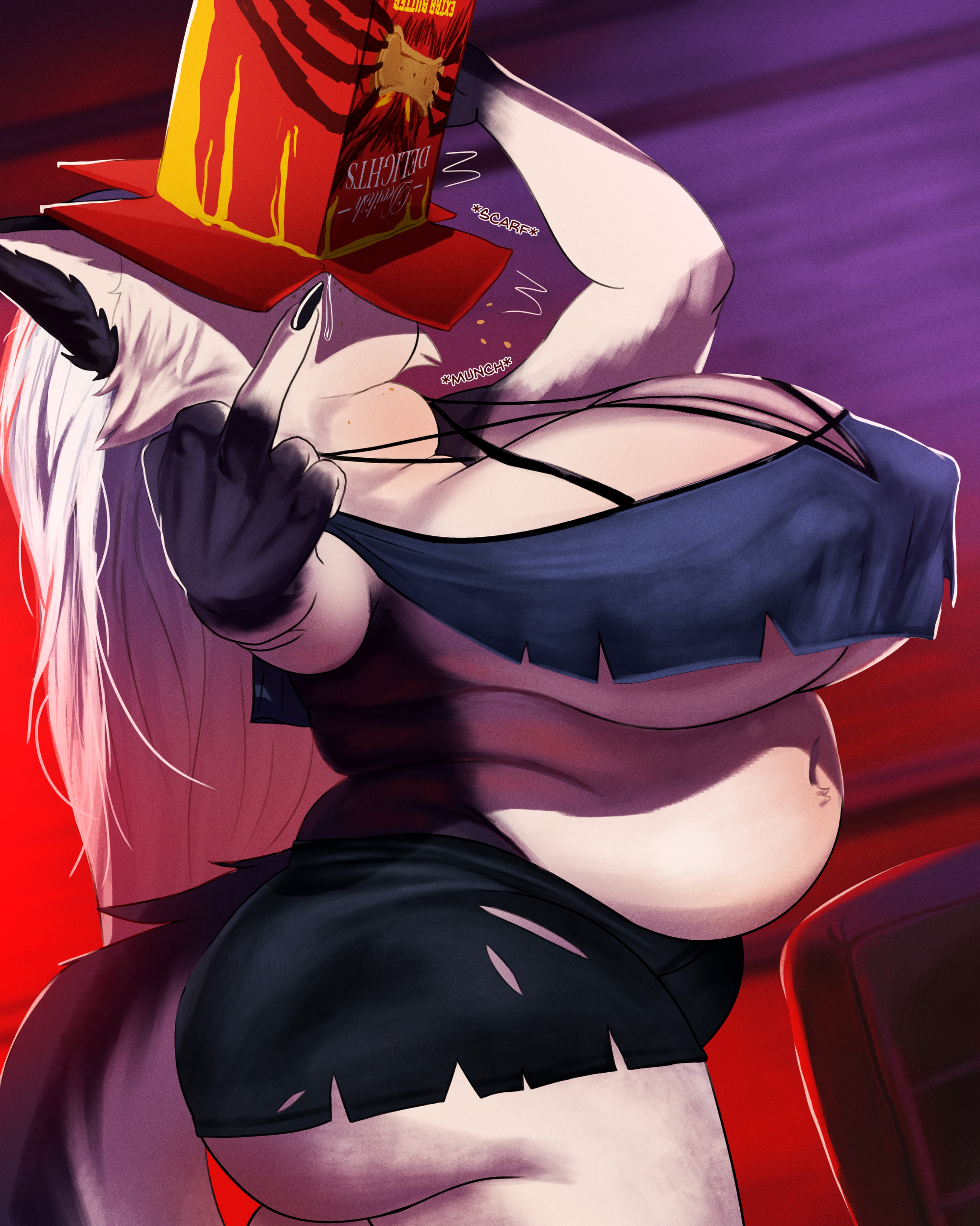 absurd res, anthro, ass, belly, belly overhang, big butt, black clothing, blue clothing, bottomwear, breasts, canid, canine, canis, cleavage, cleavage cutout, cleavage overflow, clothed, clothing, crop top, cutout, double chin, ear tuft, eating, eating food, erect nipples, fat rolls, female, flabby arms, gesture, hand gesture, hellaverse, helluva boss, hi res, hotpants, legwear, long hair, long nails, loona (helluva boss), love handles, mammal, middle finger, muldithekobold, multicolored body, navel, neck bulge, nipple outline, nipples, overflowing breasts, overweight, overweight anthro, overweight female, shirt, shorts, solo, sound effects, stuffing, stuffing (food), tail, takeout box, thick tail, thigh highs, tight bottomwear, tight clothing, tight fit, topwear, torn bottomwear, torn clothing, tuft, under boob, weight gain, wolf