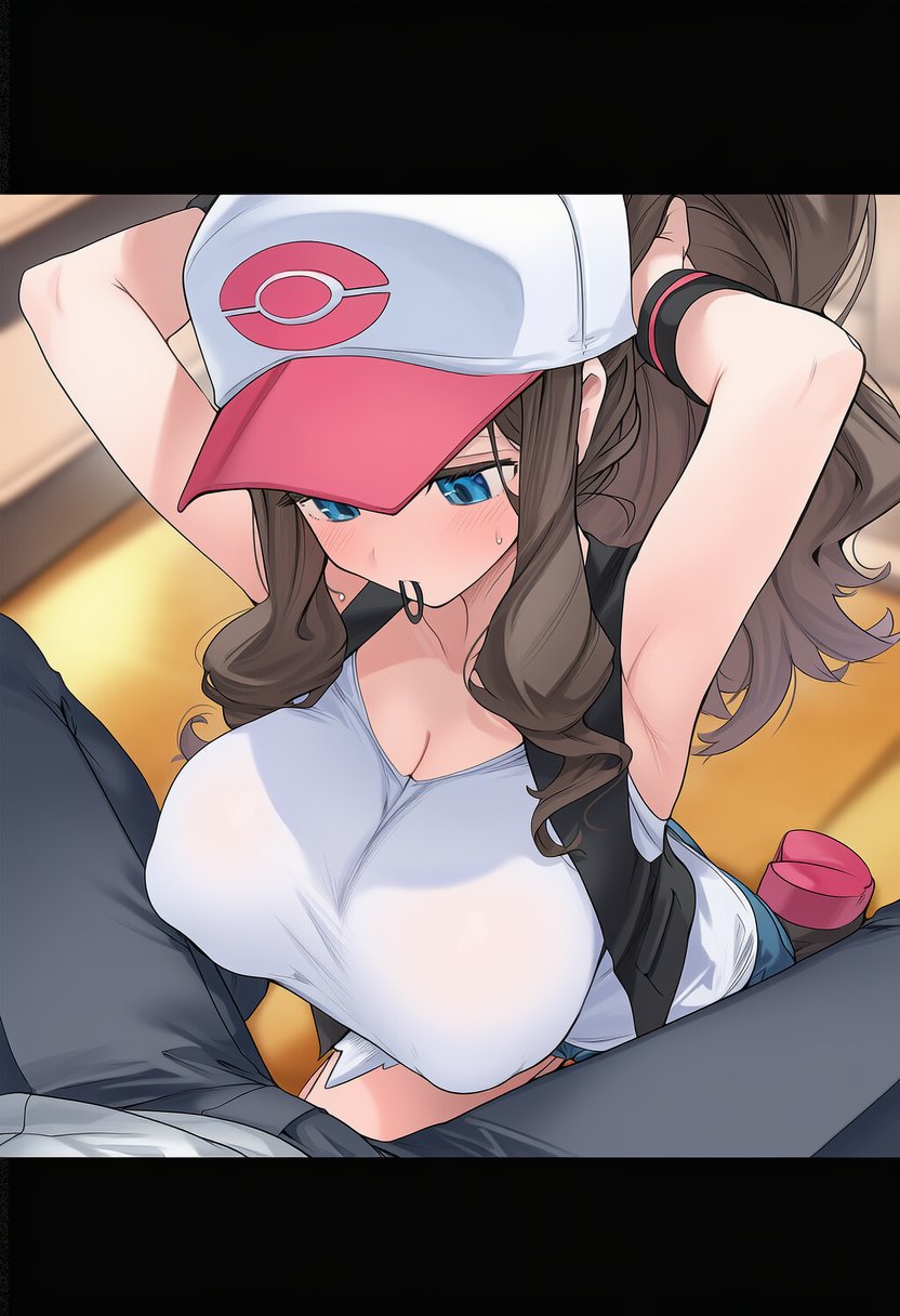 1boy, 1girls, ai generated, armpits, before oral, blush, cap, female, hilda (pokemon), imminent fellatio, imminent oral, implied oral, kneeling, male, nipple bulge, pokemon, ponytail, puffy nipples, sexually suggestive, sweat, sweatdrop, tied hair, ud31665690