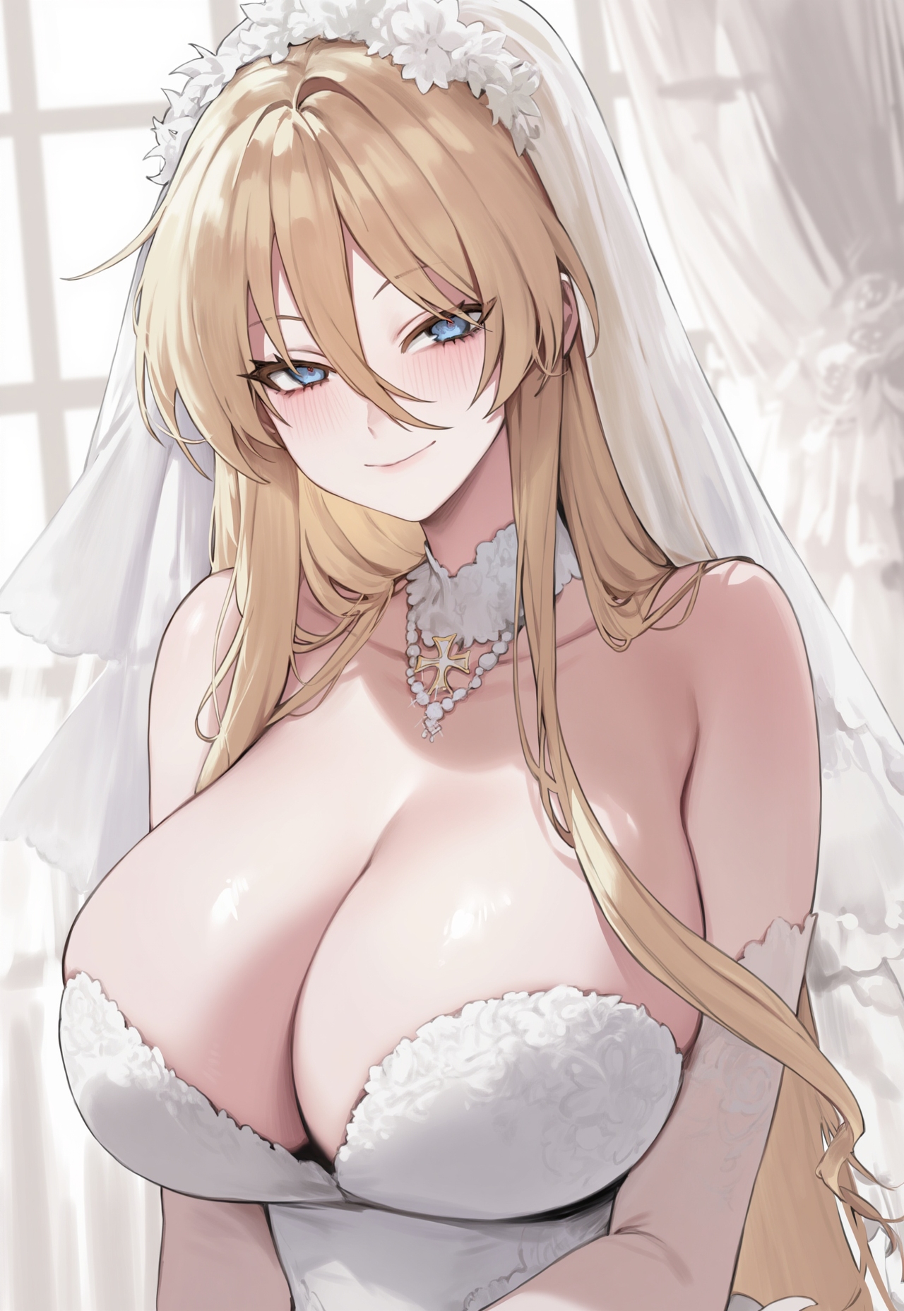 1girls, ai generated, azur lane, big breasts, bismarck (azur lane), blonde hair, blue eyes, breasts, female, female focus, huge breasts, large breasts, light-skinned female, long hair, mature female, truck kun, wedding dress