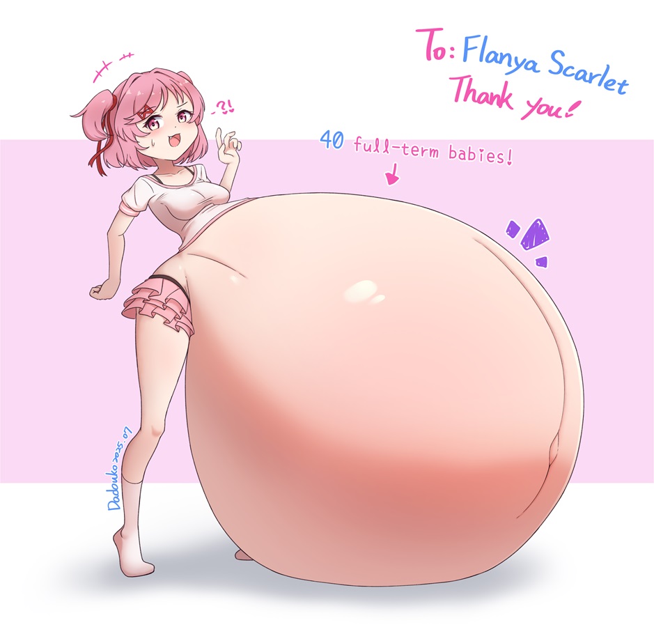 dadouko, doki doki literature club, female, hyper, hyper belly, hyper pregnancy, natsuki (doki doki literature club), pink hair, pregnant, pregnant belly, pregnant female