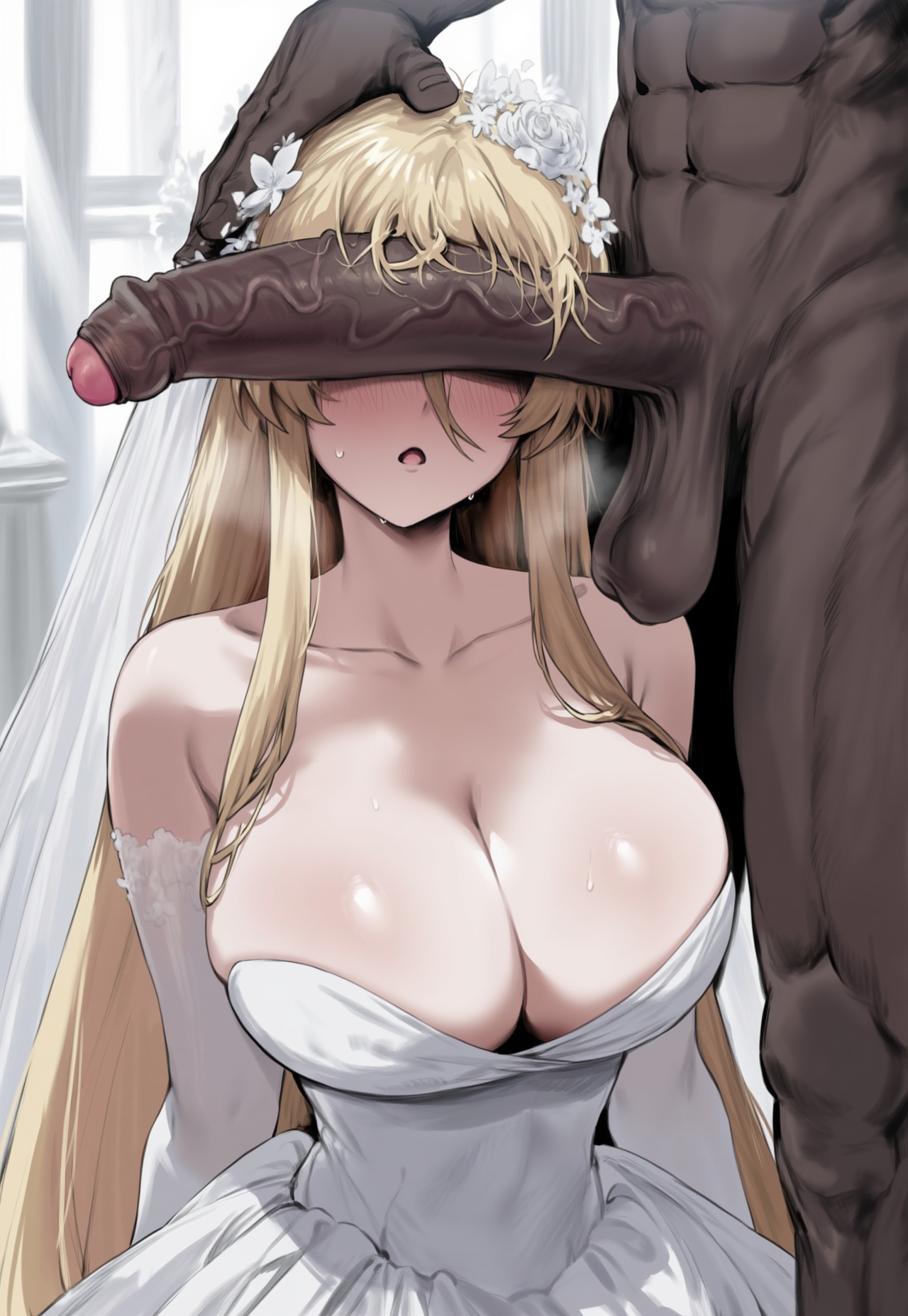 1boy, 1girls, ai generated, azur lane, big breasts, bismarck (azur lane), blonde hair, blue eyes, breasts, dark-skinned male, female, female focus, huge breasts, huge cock, large breasts, light-skinned female, long hair, male, mature female, penis, truck kun, wedding dress