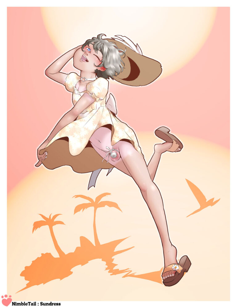 beach background, chastity cage, chastity device, crossdressing, exhibitionism, femboy, male, nimbletail, sundress