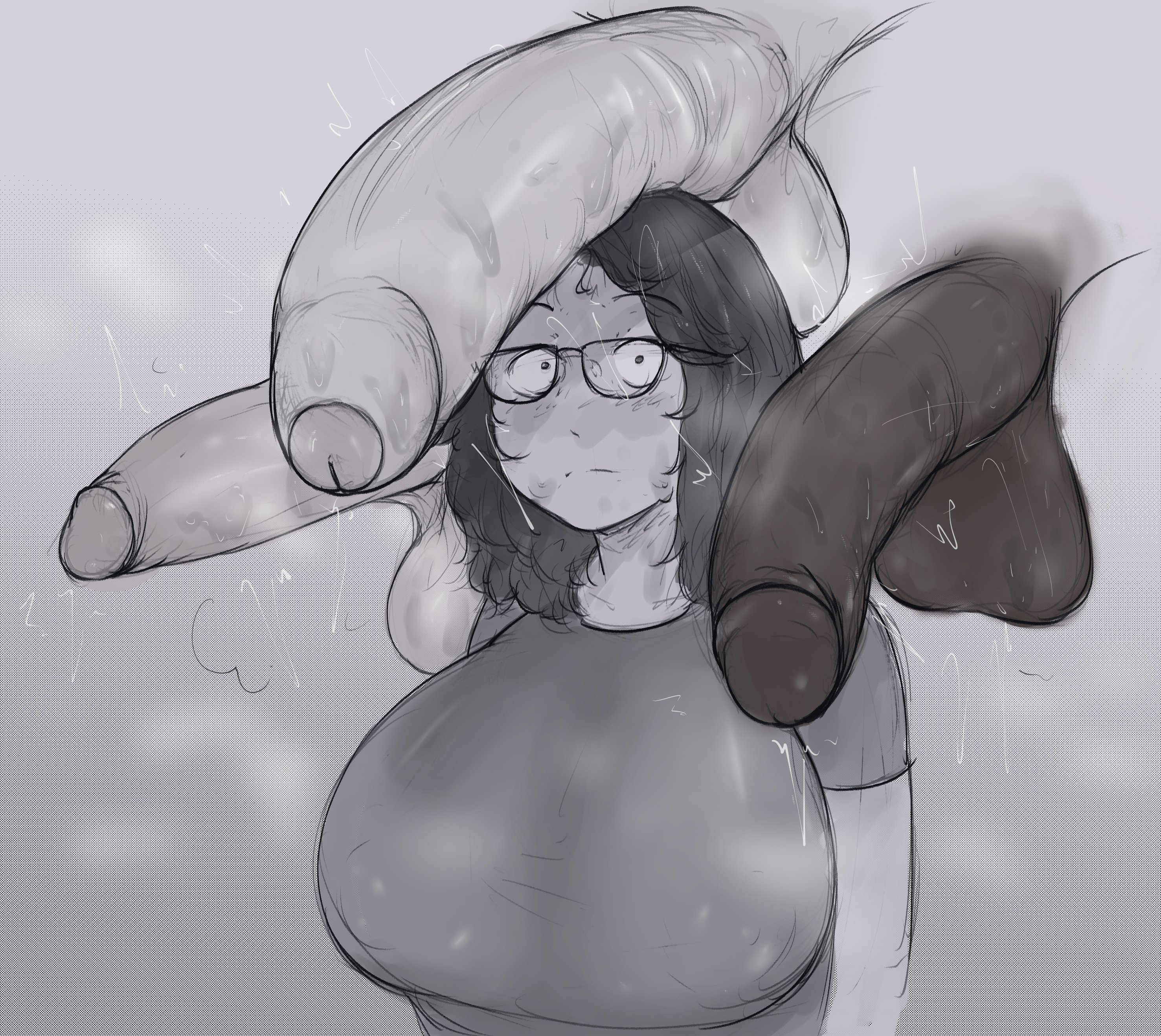 1girls, 3boys, absurdly large cock, artist self-insert, breasts, clothed female nude male, cock hungry, cock shock, curvy, dubious consent, female, female pervert, femsub, foreskin, glasses, greyscale, helpless female, helpless girl, huge cock, imminent rape, imminent sex, keiko (keikonsfw), keikonsfw, large breasts, male, monochrome, nerdy female, nervous, nervous female, oc, original, original character, penis, penis awe, penis on face, secretly wants it, submissive female, surrounded by penises, sweaty, uncircumcised
