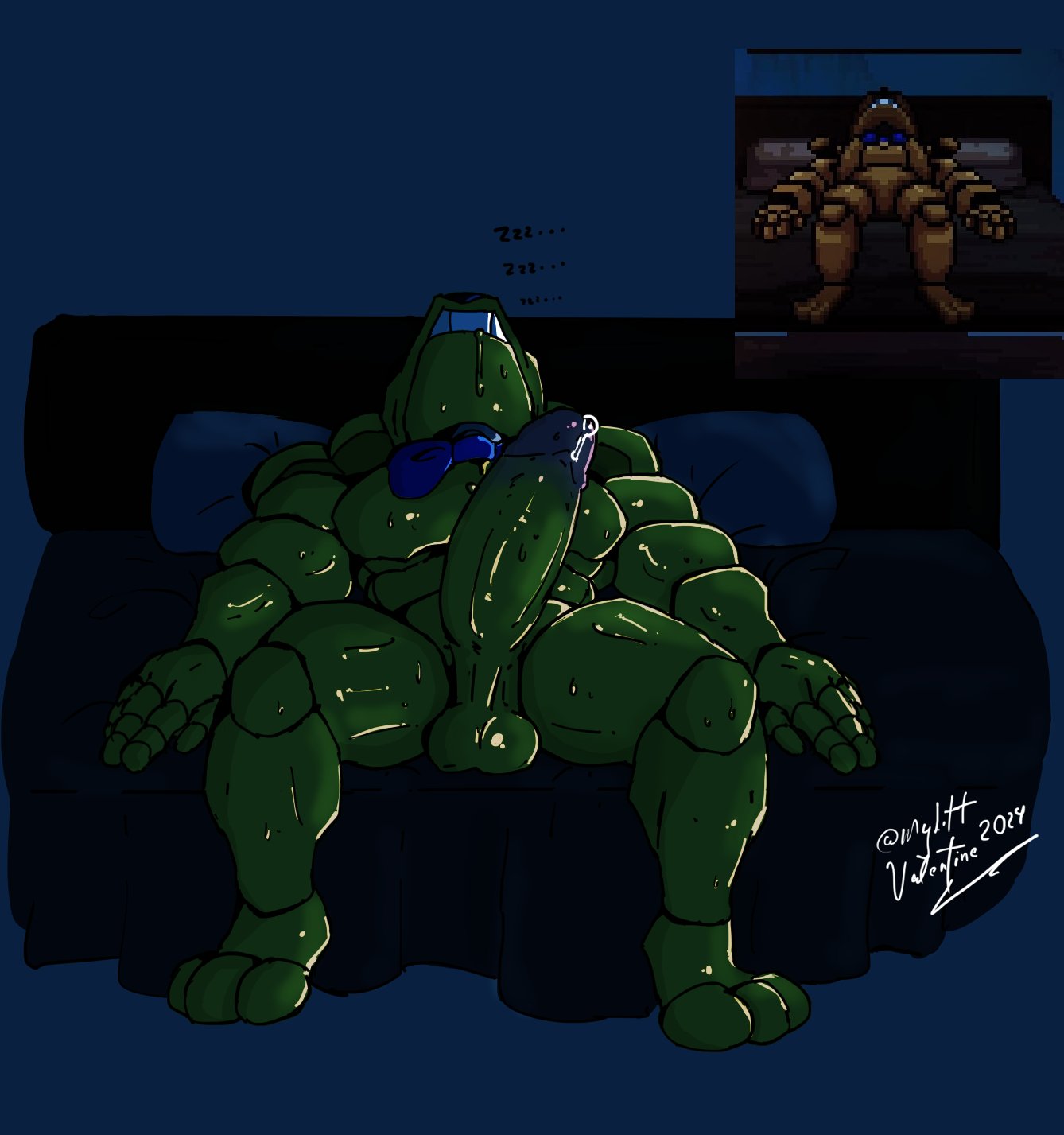 asleep, balls, big balls, big cock, drooling, english text, five nights at freddy's, fnaf, into the pit, lagomorph, lagomorph humanoid, laying down, laying on back, laying on bed, male, male only, mylittvalentine, onomatopoeia, penis, pit spring bonnie (fnafitp), pittrap (fnaf), precum, precum drip, scottgames, solo, solo male, spasms, spring bonnie (fnaf), sweating, sweating profusely