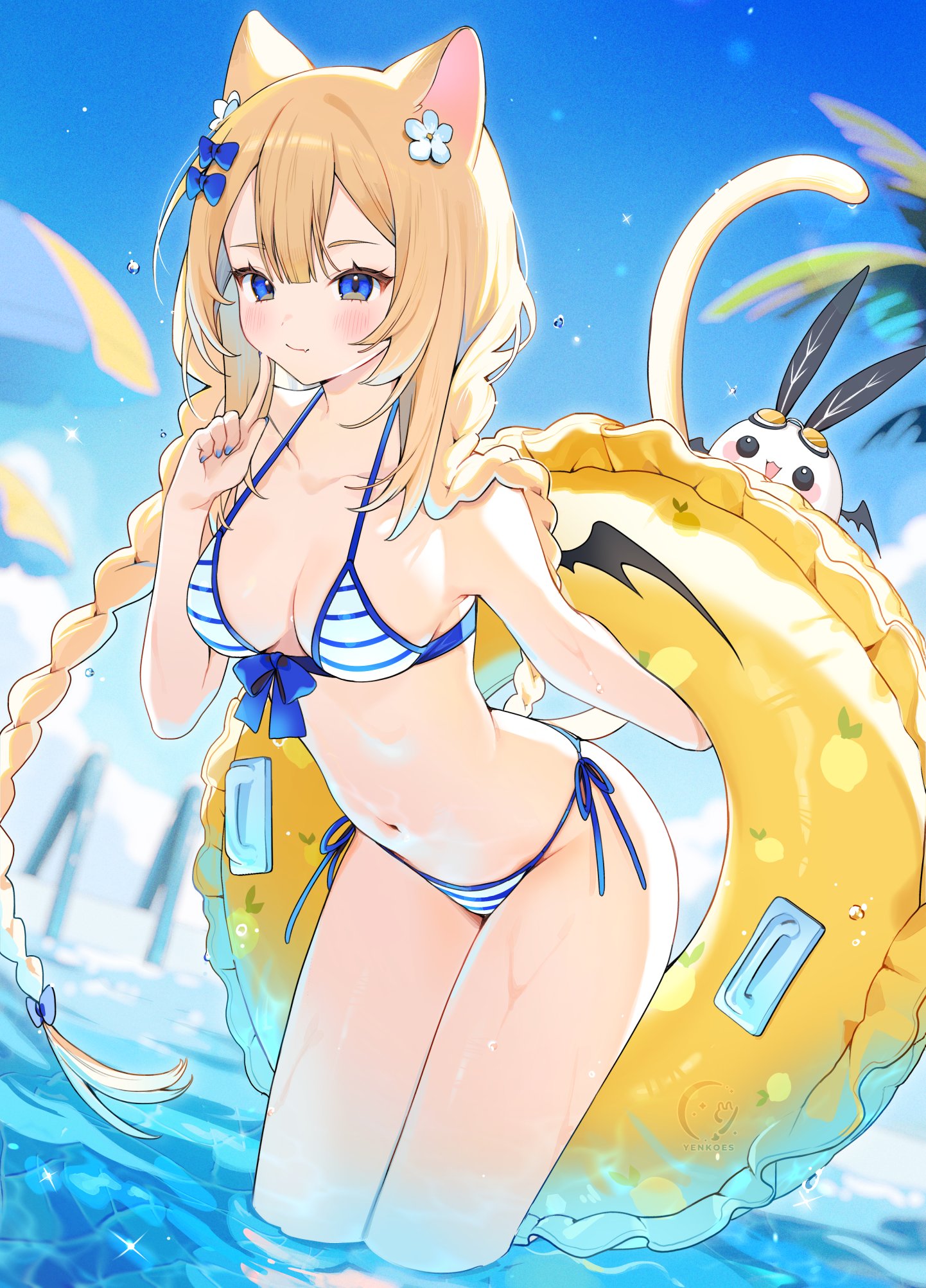 1girls, animal, animal ears, bare shoulders, bikini, bikini bottom, bikini top, bird, blonde, blonde female, blonde hair, blonde hair female, blue bikini, blue eyes, blue eyes female, blue nails, blue sky, blurry, blush, bow, braid, breasts, cat ears, cat girl, cat tail, catgirl, cleavage, closed mouth, cloud, collarbone, day, female, female only, front-tie bikini, front-tie top, hair ornament, hairbow, halterneck, holding innertube, innertube, kemonomimi, long hair, looking at viewer, medium breasts, nail polish, navel, nekomimi, outdoors, side-tie bikini, sky, small breasts, smile, sole female, solo, standing, string bikini, striped, striped bikini, swimsuit, tail, twin braids, very long hair, virtual youtuber, vyugen, wading, water, yenko, yenkoes
