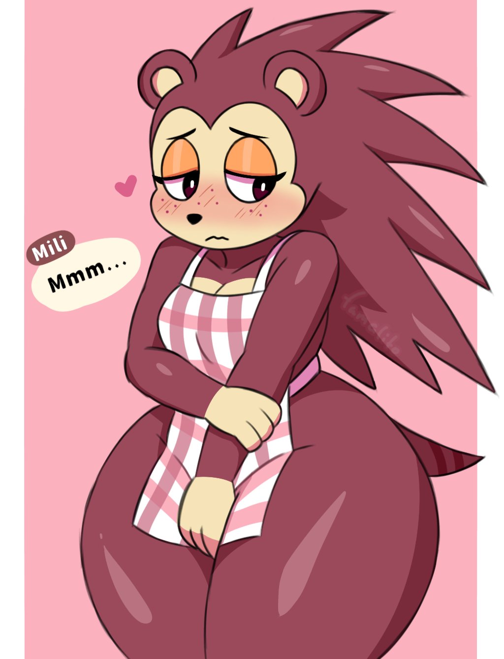 animal crossing, animal ears, anthro, apron, ass, blush, coffee chan osi, embarrassed, embarrassed female, female, hedgehog girl, nintendo, nude apron, red fur, sable able, shy, tail, text, thick thighs