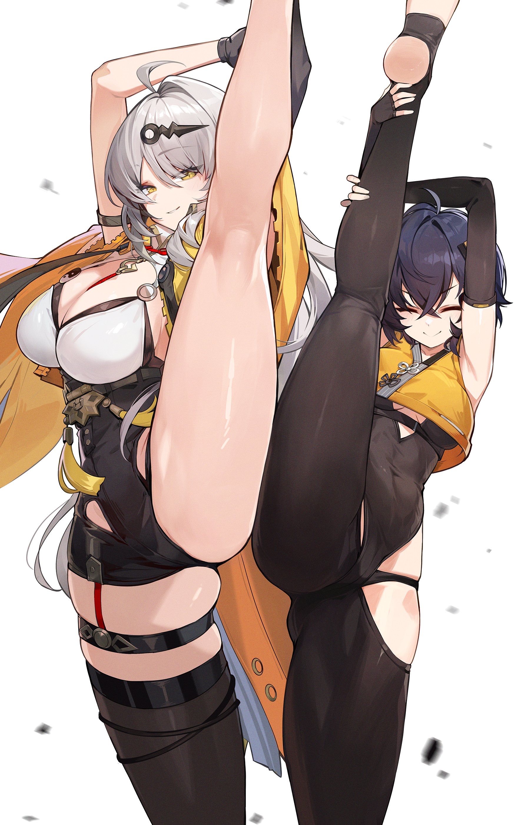 2girls, ass, belle (zenless zone zero), breasts, chinese clothes, female, female focus, female only, goomrrat, highres, large breasts, light skin, light-skinned female, looking at viewer, one leg up, simple background, stretching, thick thighs, thighs, white background, wide hips, yixuan (zenless zone zero), zenless zone zero