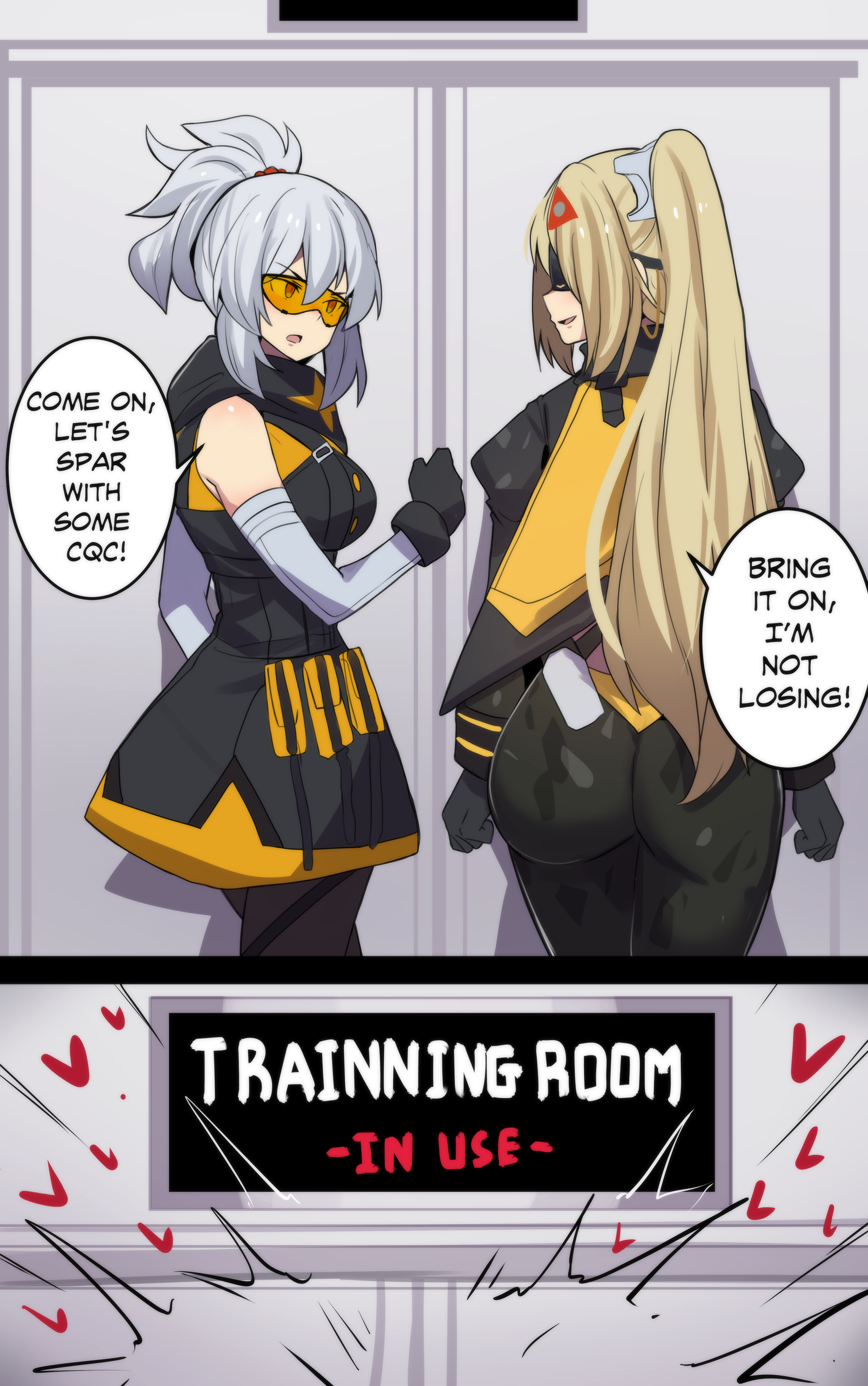 2girls, ass, big ass, black legwear, black pants, breasts, eye mask, female, gloves, goggles, heart, hinghoi, hoyoverse, implied sex, leggings, lesbian focus, medium breasts, multiple females, multiple girls, short hair, soldier 11, training, training room, trigger (zenless zone zero), yuri, zenless zone zero