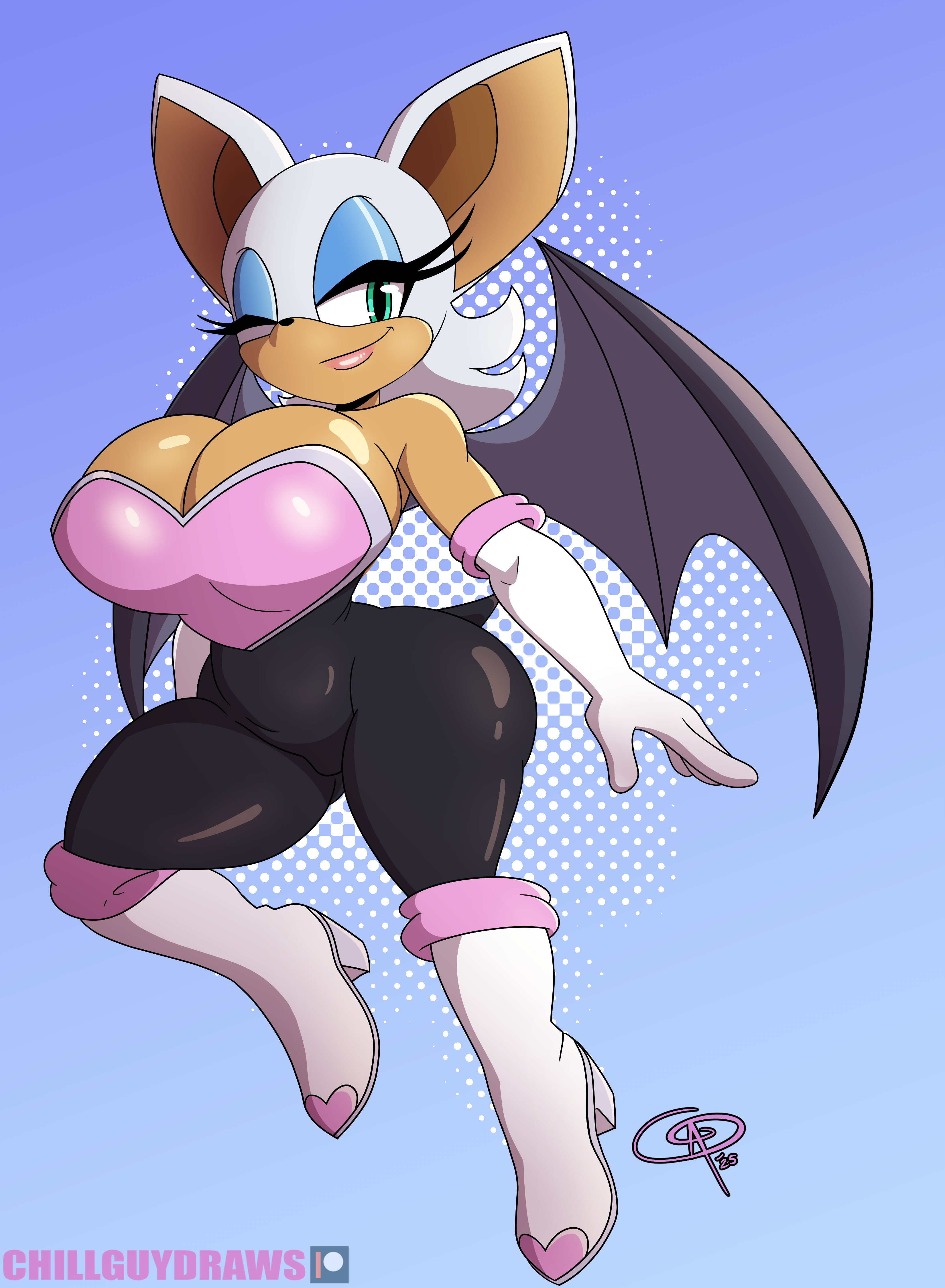 big breasts, breasts, chillguydraws, curvy, female, frostbiteboi, rouge the bat, sonic (series), thick thighs, wink, winking at viewer