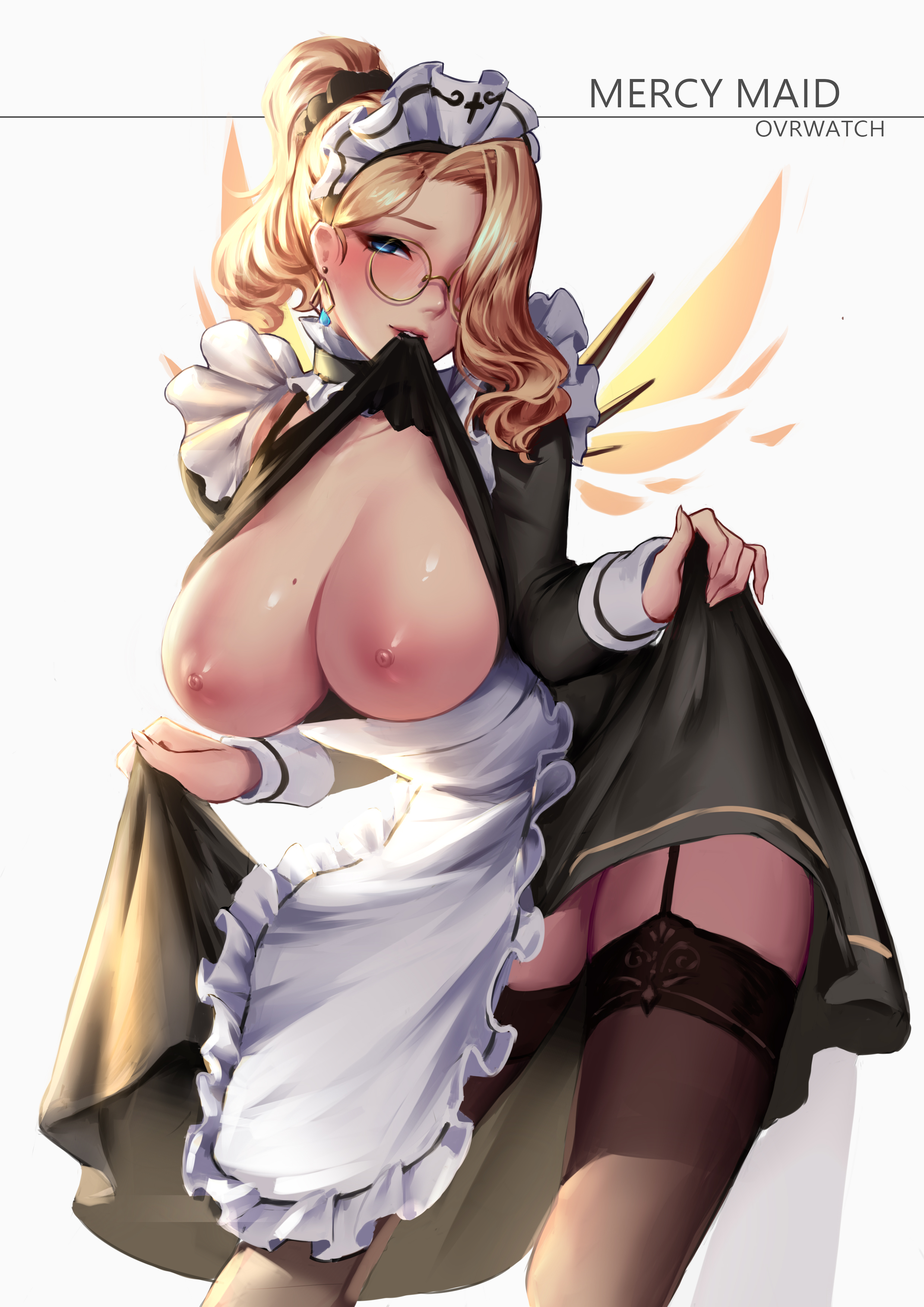 1girls, absurdres, alternate costume, areolae, blonde hair, blue eyes, breasts, cianyo, exposed breasts, female, female only, garter straps, glasses, hair over one eye, highres, large breasts, maid, maid headdress, mercy, mouth hold, nipples, overwatch, overwatch 2, parted lips, shirt lift, solo, thighhighs