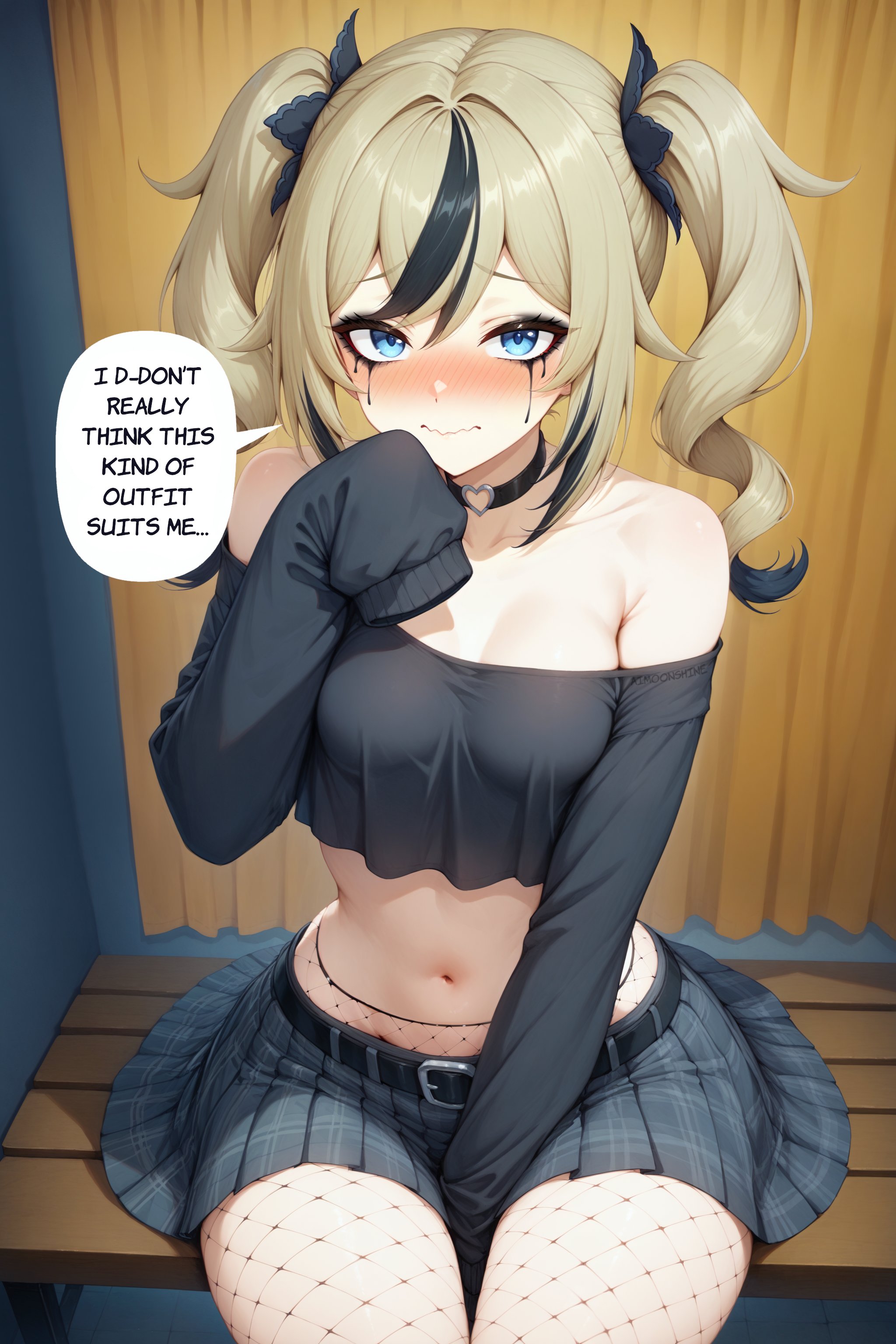 1girls, ai generated, aimoonshine, alternate costume, barbara (genshin impact), bare shoulders, belt, bench, between legs, black belt, black choker, black hair, black shirt, blonde hair, blue eyes, blush, breasts, changing room, choker, closed mouth, collarbone, crop top, curtains, dialogue, dressing room, drill hair, embarrassed, english text, female, female only, fishnet pantyhose, fishnets, genshin impact, goth, goth girl, gothic, gothified, grey skirt, hair ribbon, hand between legs, hand to own mouth, hand up, heart, heart choker, long hair, long sleeves, looking at viewer, mascara, mascara tears, medium breasts, midriff, mihoyo, miniskirt, multicolored hair, navel, off shoulder, off-shoulder shirt, on bench, pantyhose, plaid, plaid skirt, pleated skirt, running makeup, running mascara, runny makeup, runny mascara, shirt, sitting, skirt, sleeves past fingers, sleeves past wrists, solo, solo female, speech bubble, stomach, streaked hair, text, text bubble, thighs, twin drills, twintails, wavy mouth