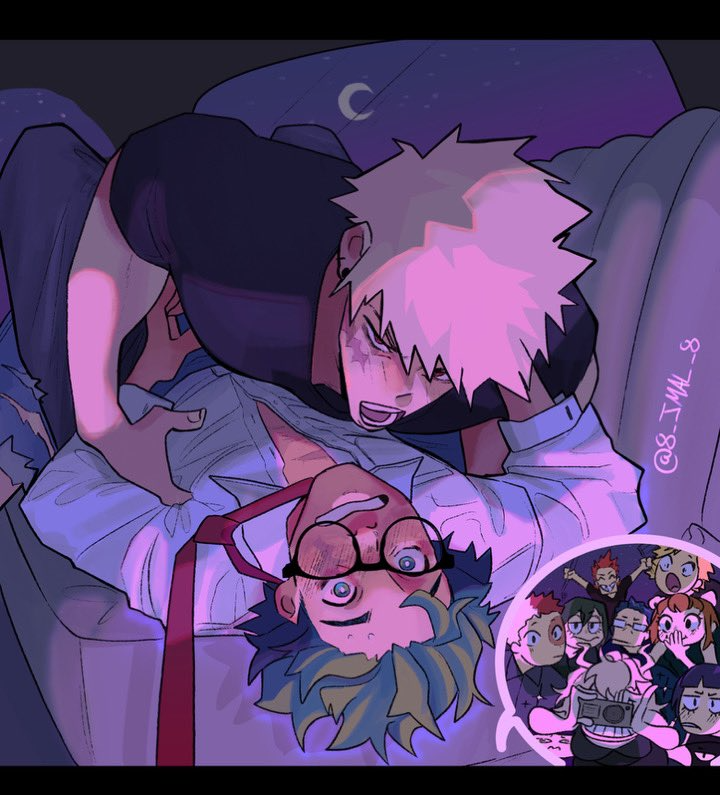 8 jmal 8, aged up, blonde hair, blush, boku no hero academia, bones (company), brown hair, burn scar, camera, car, caught, clothing, curly hair, denki kaminari, eijirou kirishima, female, freckles, glasses, green eyes, green hair, holding camera, imminent sex, indoors, izuku midoriya, jirou kyouka, katsuki bakugou, kyoka jiro, long hair, looking at another, male, messy hair, mina ashido, moon, multiple boys, multiple females, multiple girls, multiple males, my hero academia, necktie, night, ochako uraraka, pink hair, pink skin, red eyes, red hair, scar, scar on face, shirt, short hair, shounen jump, shouto todoroki, spiked hair, star (sky), taking picture, tenya iida, tsuyu asui, white hair, yaoi