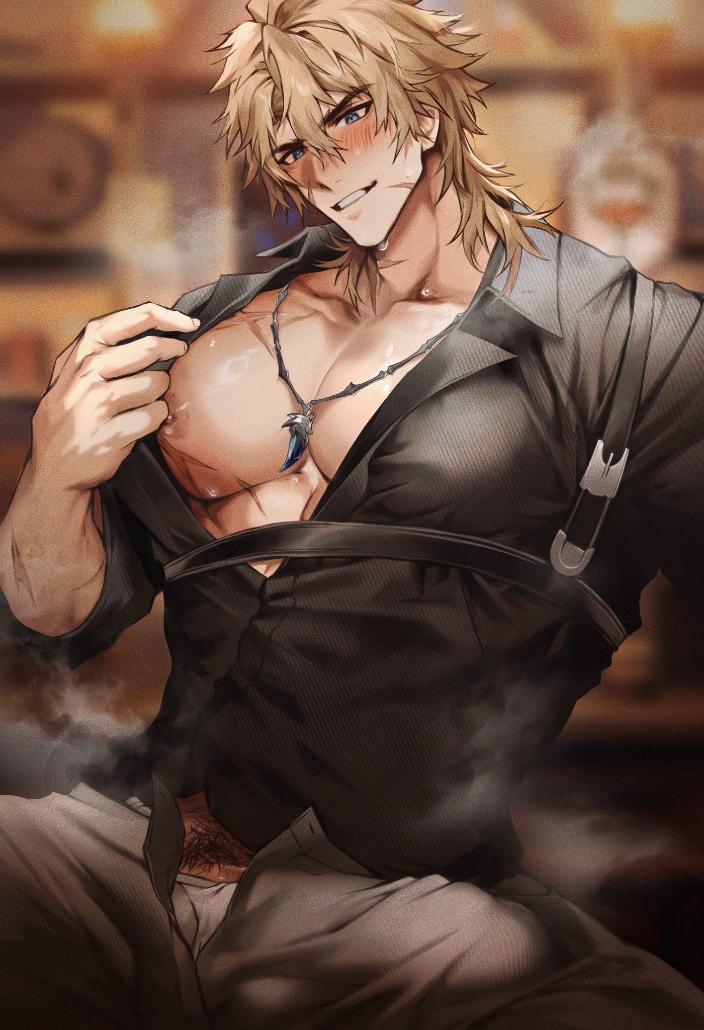 bara, gay, genshin impact, male, male focus, male only, muscular, muscular male, ts uster, varka (genshin impact), yaoi
