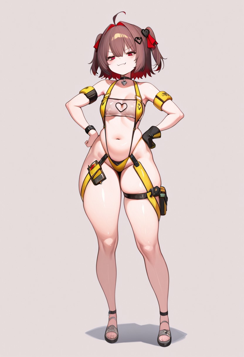 :3, 2025, ai generated, alternate version available, breasts, brown hair, choker, cosplay, crossover, elegg (nikke) (cosplay), evil neuro, evya 171, female, full body, goddess of victory: nikke, hands on hips, hands on own hips, hourglass figure, medium breasts, red eyes, sling bikini, slingshot bikini, slingshot swimsuit, smug, smug face, standing, thick thighs, thighs, vedal ai, virtual youtuber, wide hips, yellow sling bikini, yellow slingshot swimsuit
